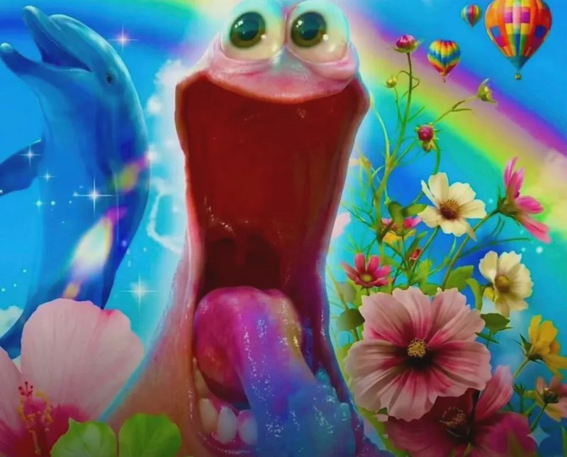 Whimsical pink creature with wide open mouth and big eyes amid rainbow, flowers, and balloons.