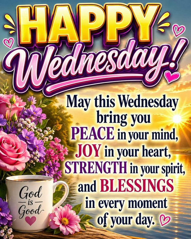 Bright "Happy Wednesday" graphic with flowers, sunrise over water, and a mug reading "God is Good"