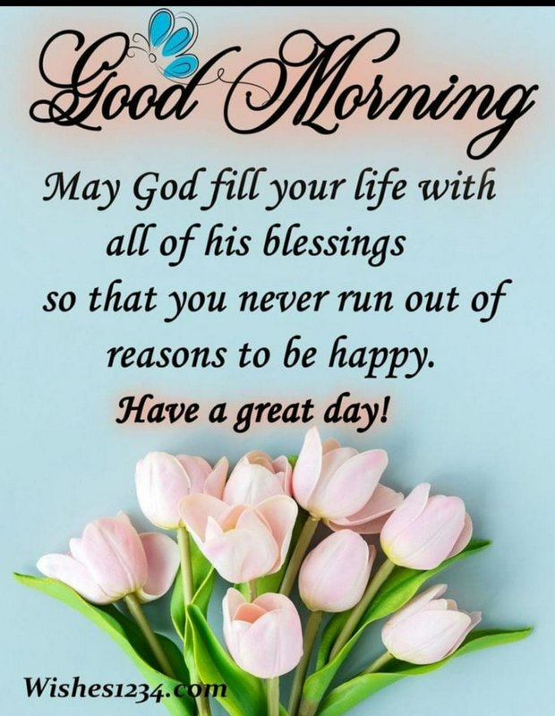 Good morning greeting with pink tulips bouquet on a pastel blue background