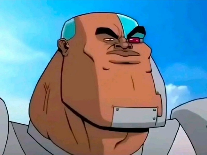 Large muscular cartoon villain with a steel helmet and red eye visor against a blue sky.