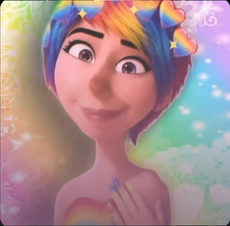 Edited fan art of Joy from Inside Out with rainbow pride hair, rainbow heart accents, and sparkle...