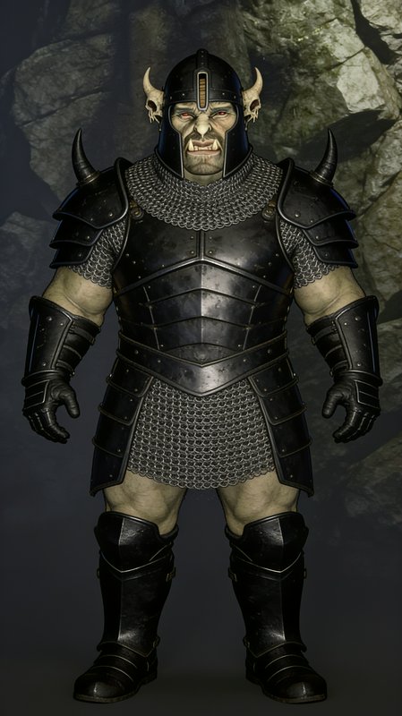 Menacing fantasy orc warrior in black plate armor and horned helmet stands against a rocky cave b...