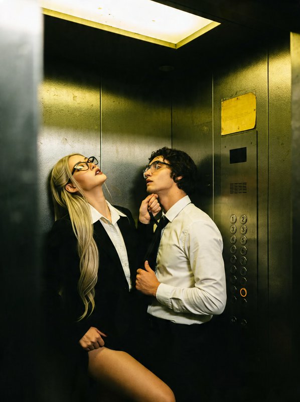 Two stylish professionals in a metal elevator posing dramatically in suits and glasses.