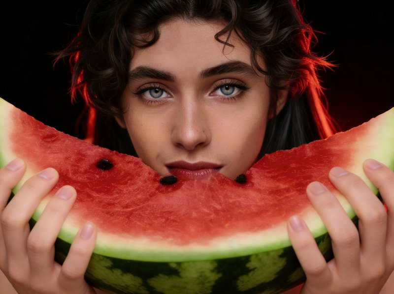 Woman holding large watermelon crescent slices around her mouth in a close-up portrait.