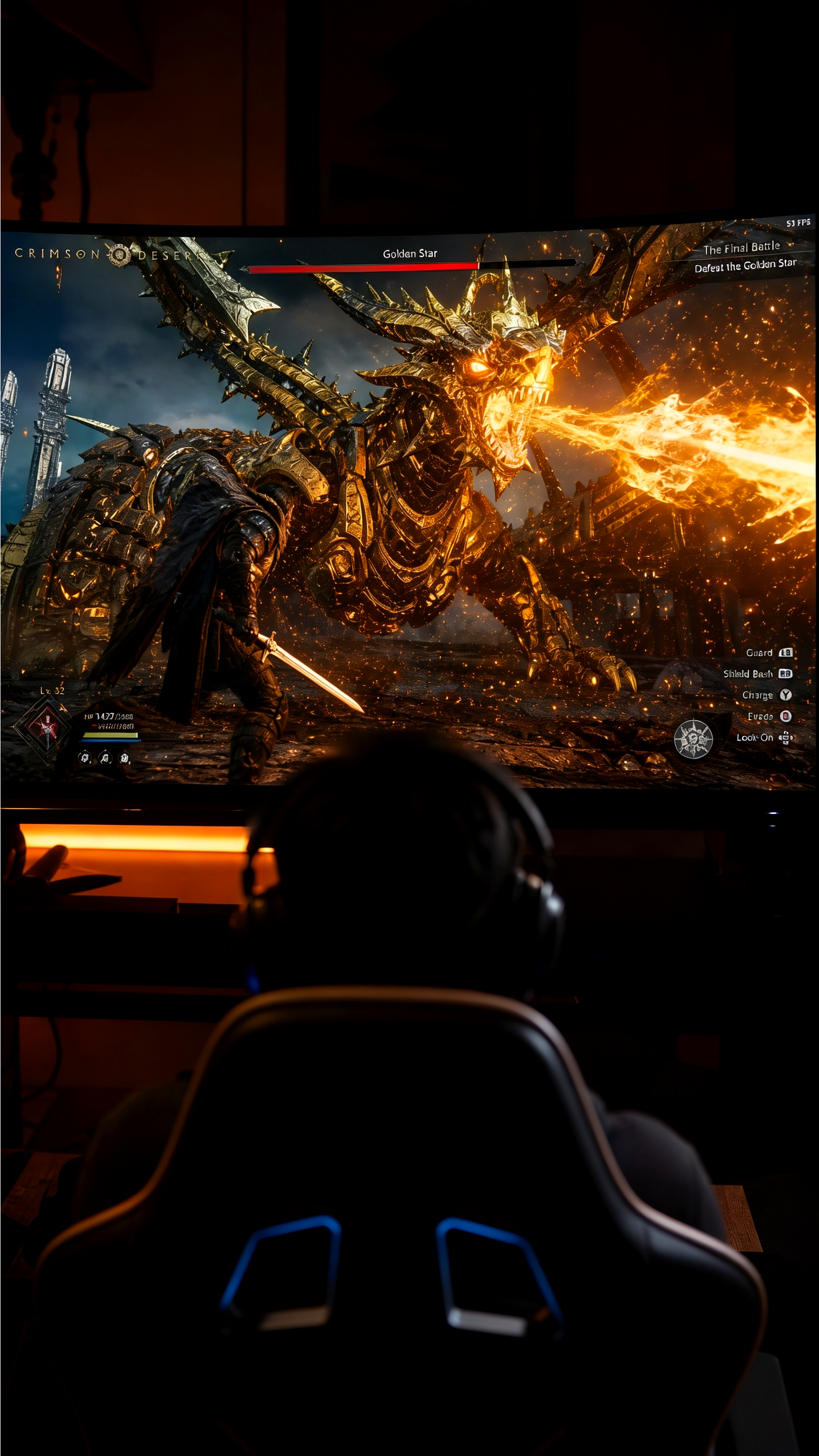 Gamer facing a fiery dragon boss on a large monitor during an action RPG game.