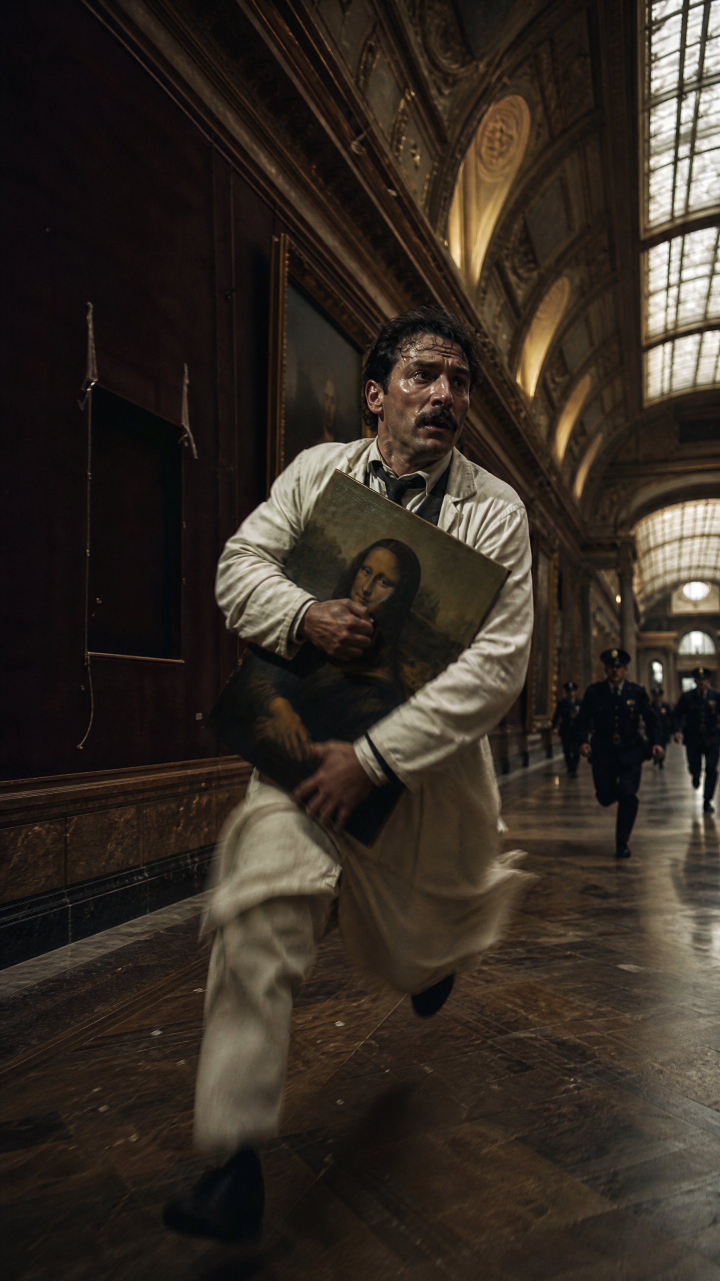 Man in a white coat running down a grand hallway while clutching a large painting of the Mona Lisa.