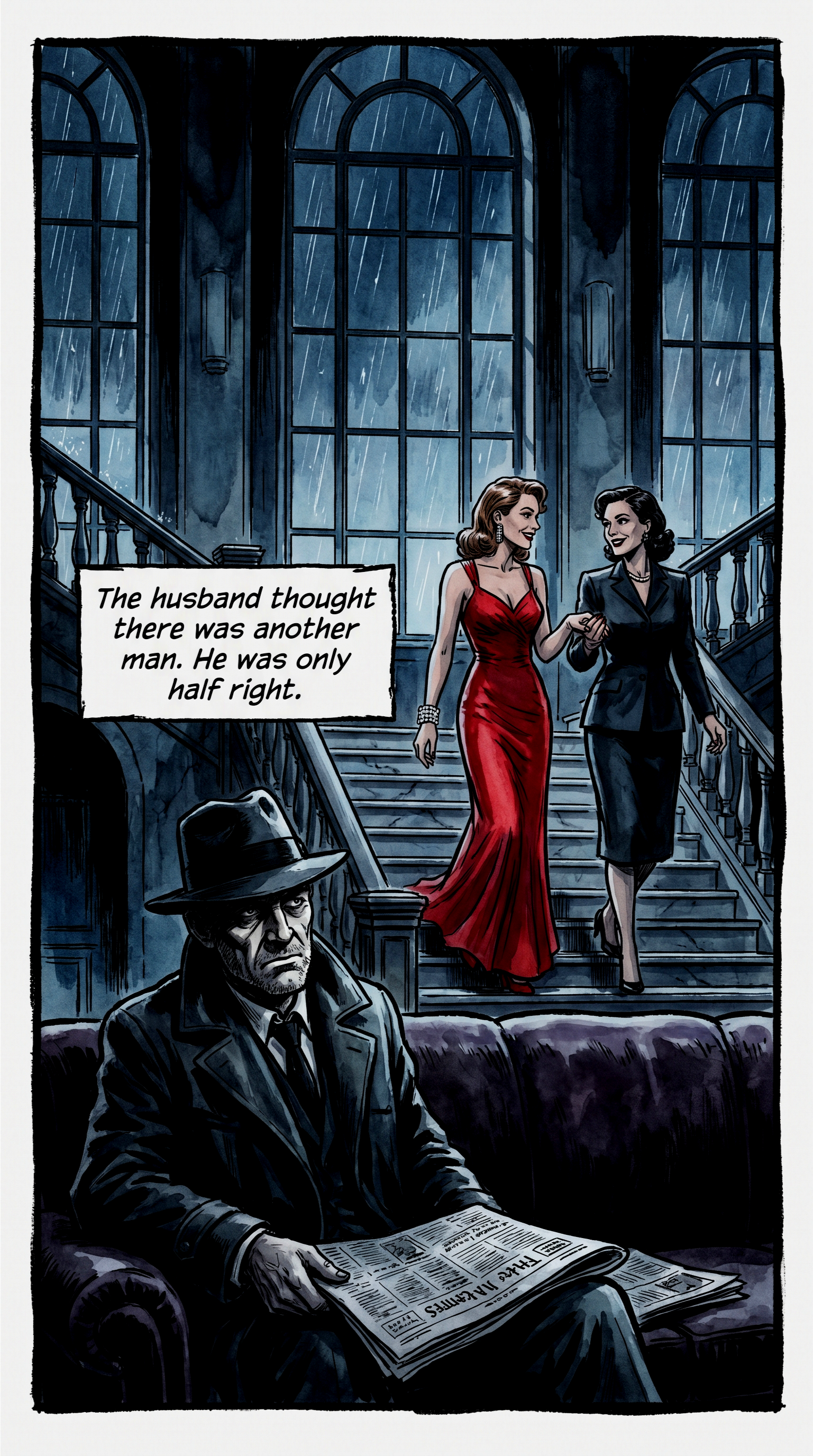 Noir comic panel: man in a fedora reads a newspaper as two women in red and black descend a grand staircase.