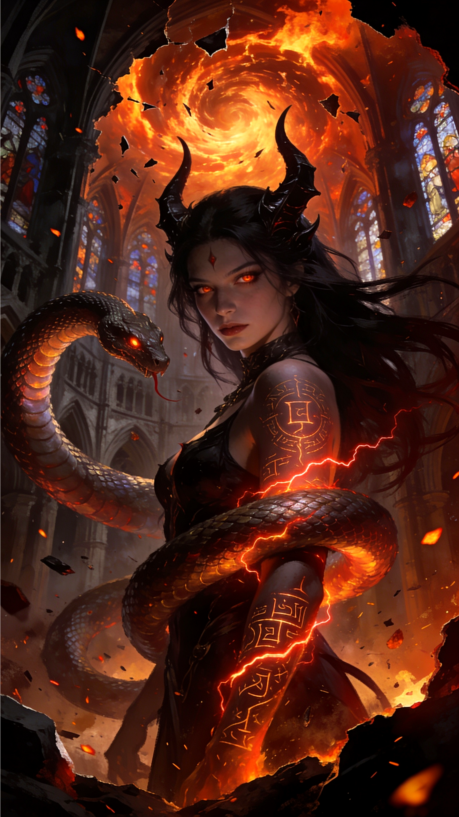 Dark horned sorceress in a burning cathedral with a fiery portal above, serpent coiled around her.
