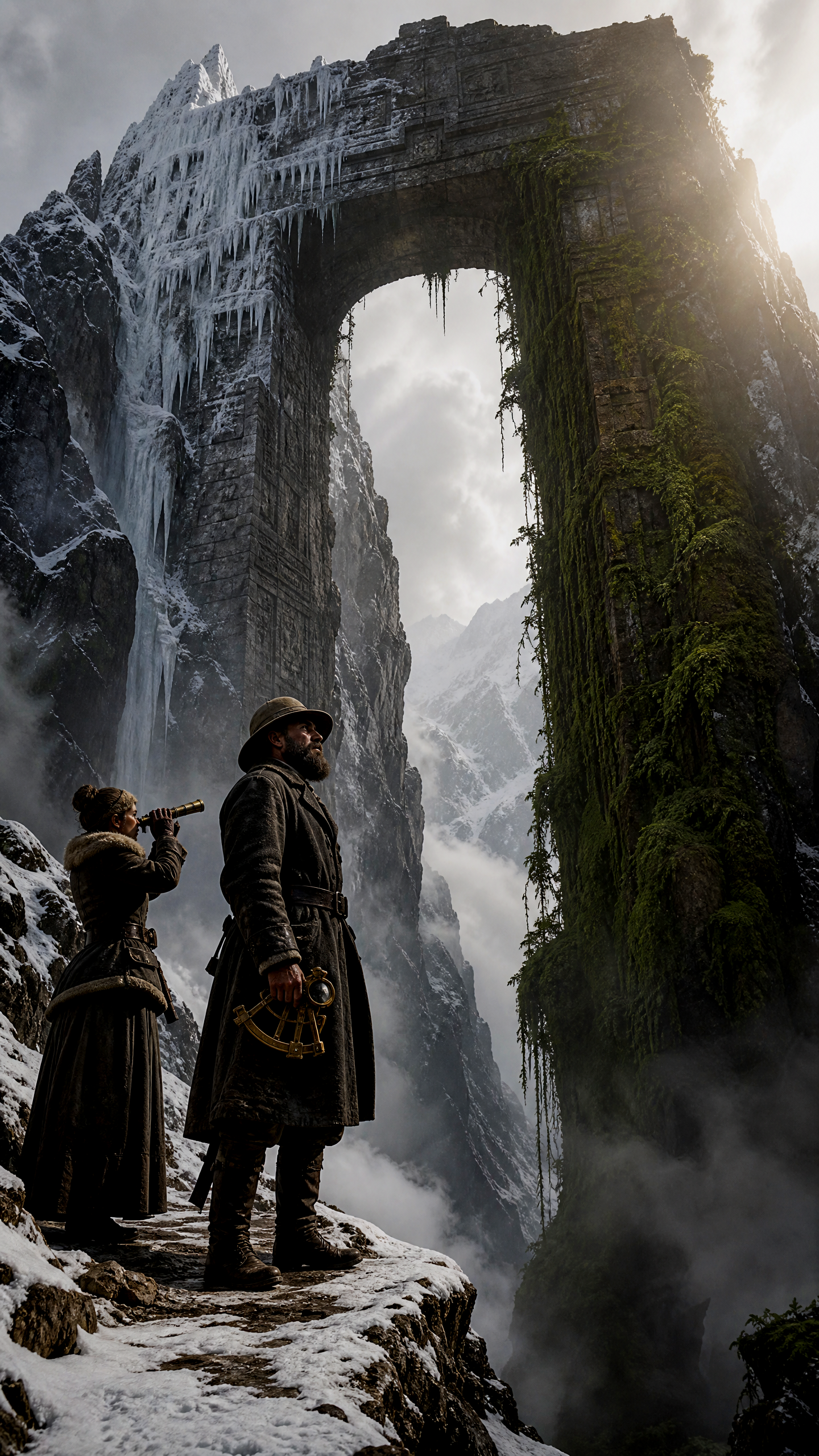 Two hooded travelers stand on a snow-dusted ledge beneath a moss-covered stone arch in a misty, jagged mountain setting