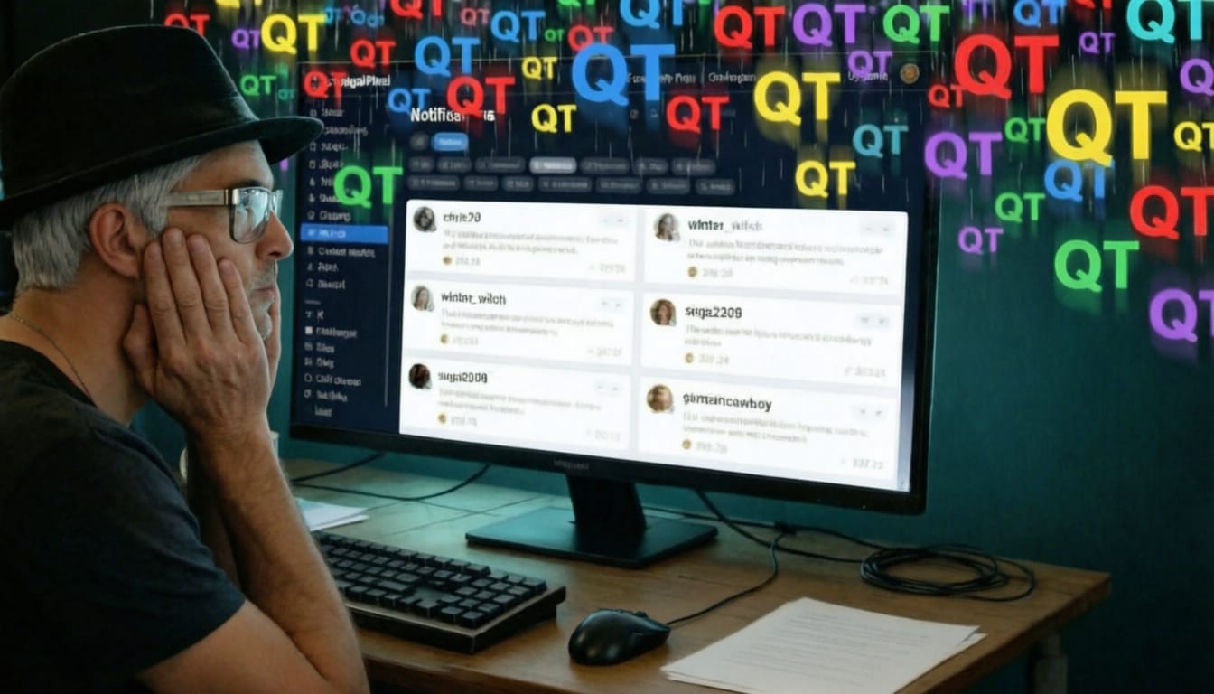 Developer at a desk viewing a monitor with a social feed UI, colorful QT letters in the background.