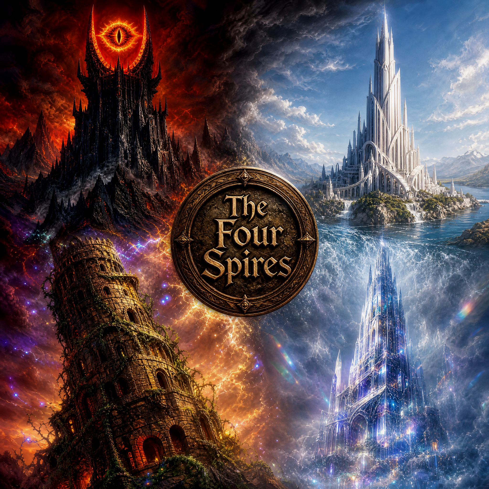 A fantasy cover showing four towering spires in fiery red and icy blue landscapes around a central ornate emblem reading "...