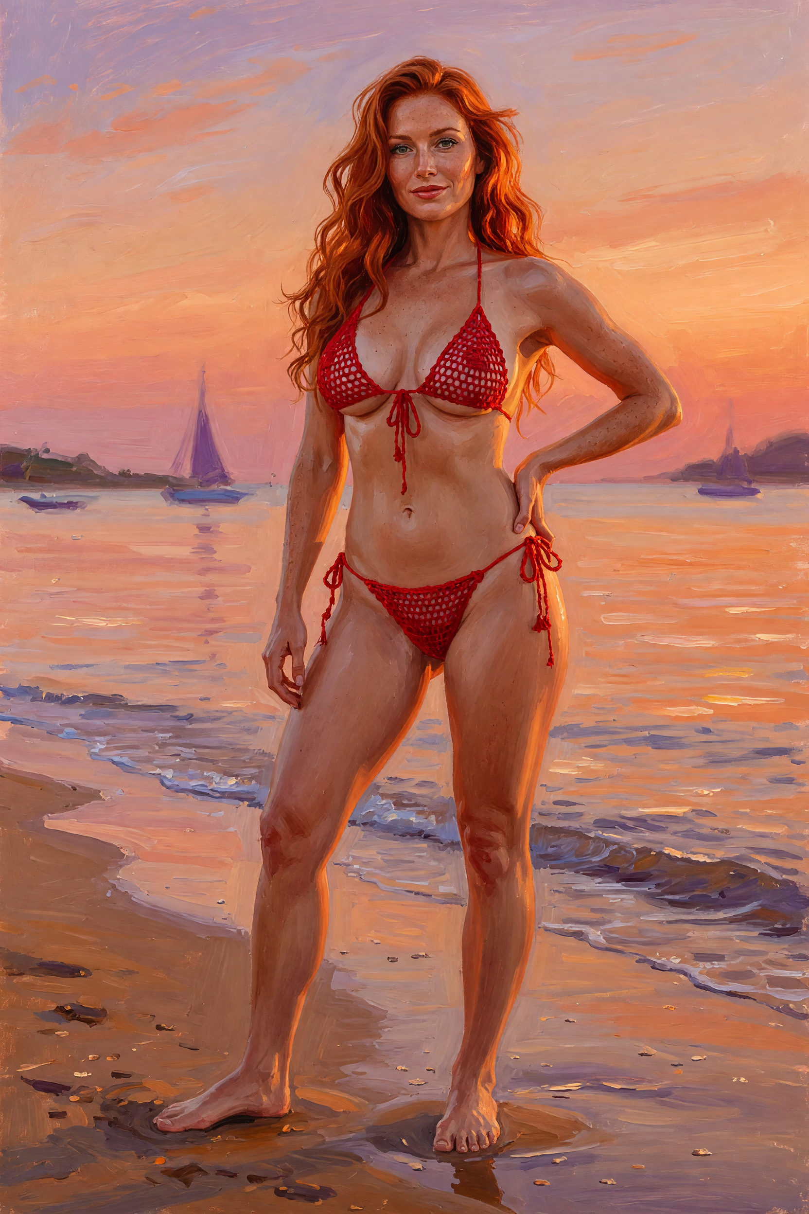 Woman in a red bikini standing on a beach at sunset with boats in the distance