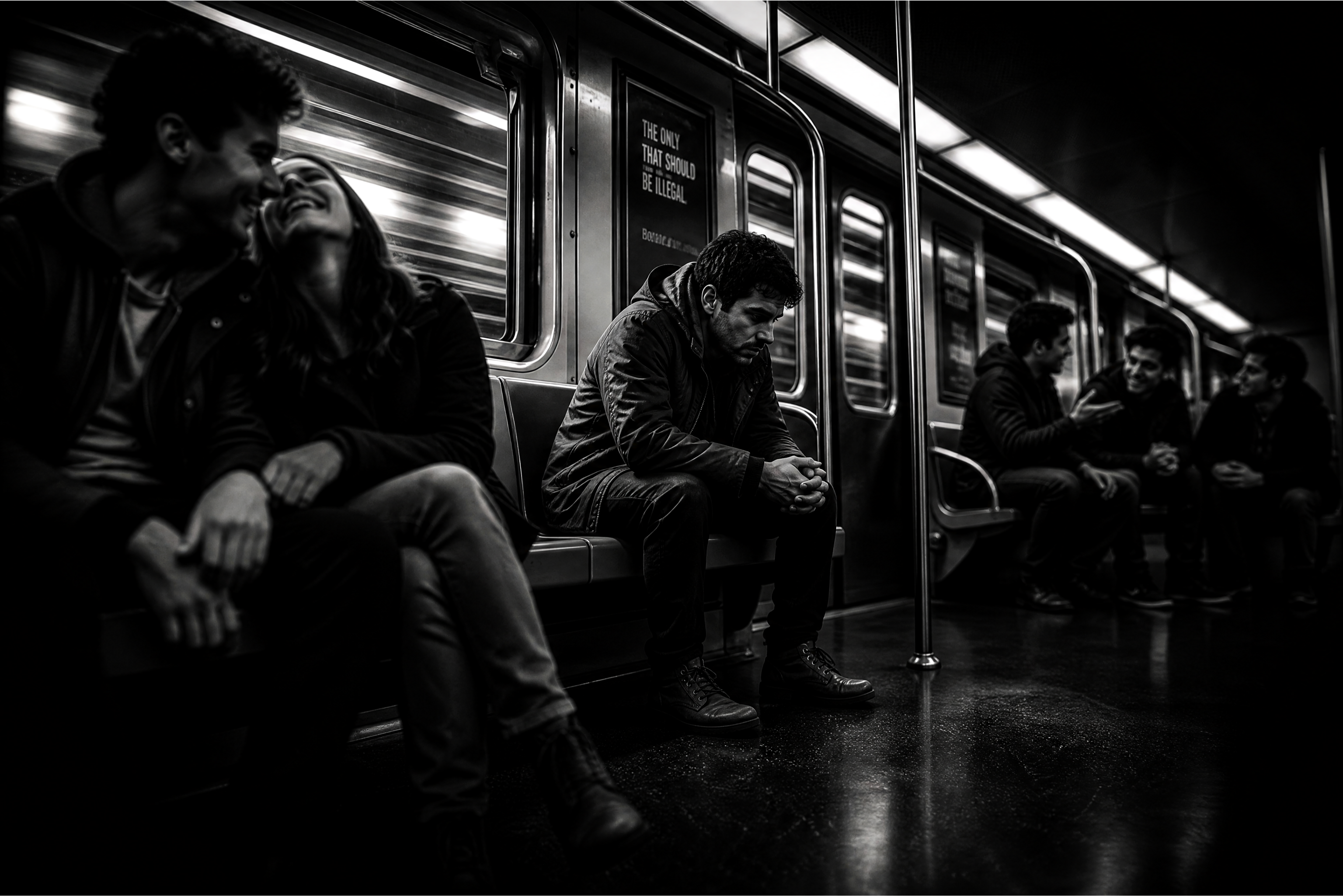 Black-and-white subway scene with passengers seated inside a metro car, including a couple smiling on the left and a sombe...