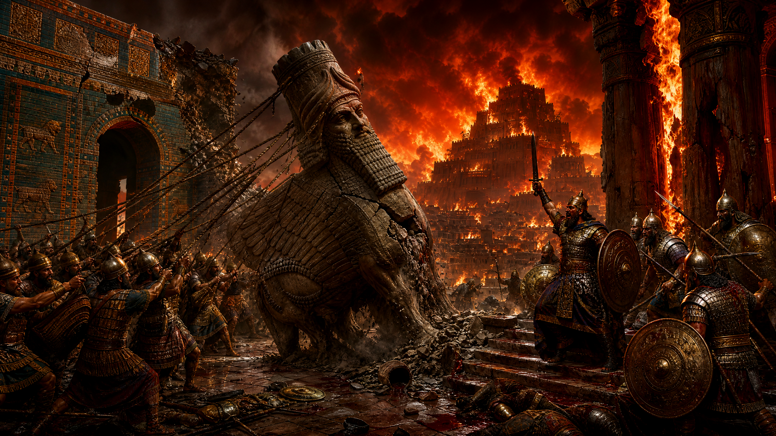 Massive stone statue battles amid fiery ancient fortress ruins and armored warriors.