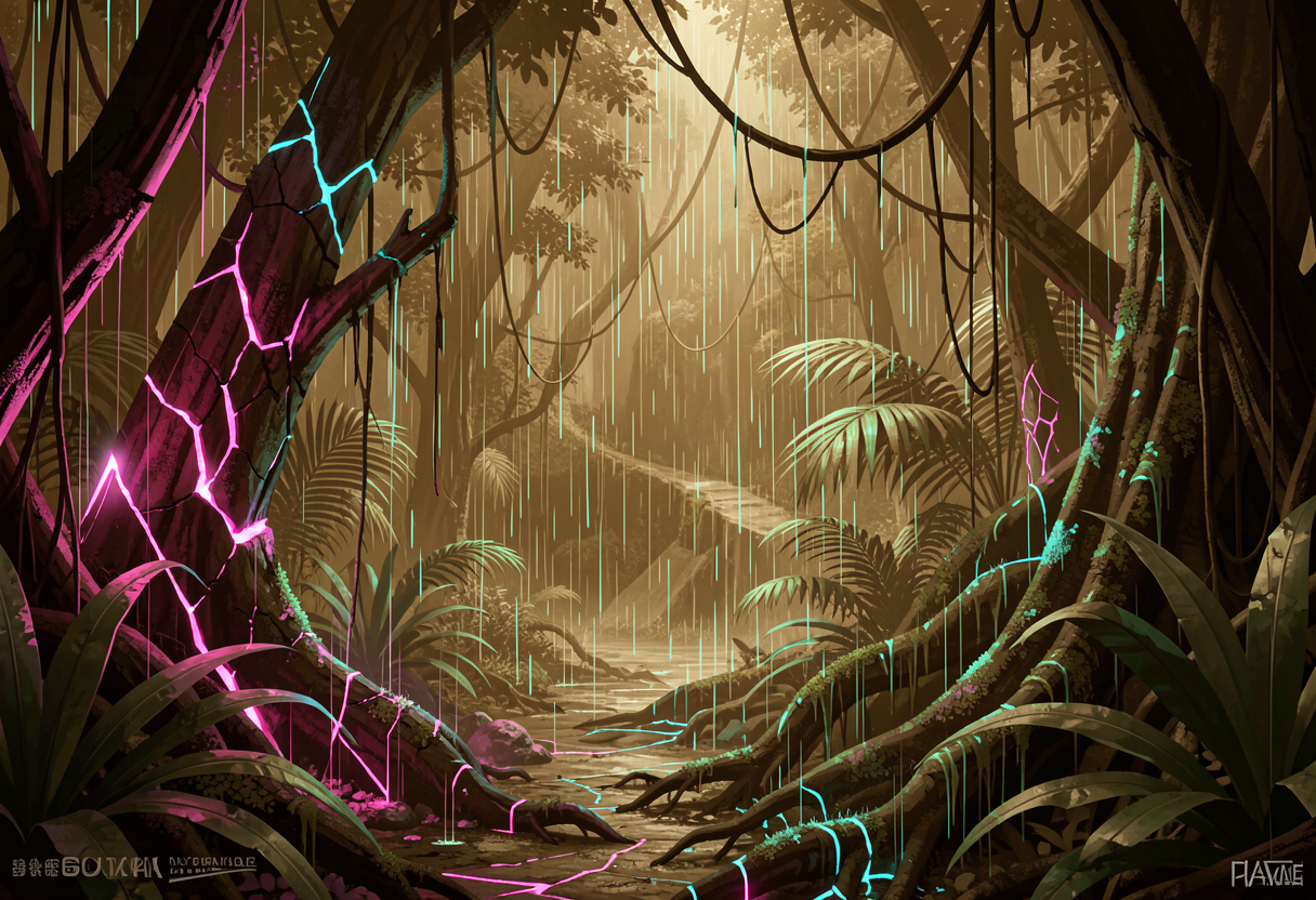 Neon-lit jungle scene with glowing cracked tree trunks, vines, and rain-soaked foliage.