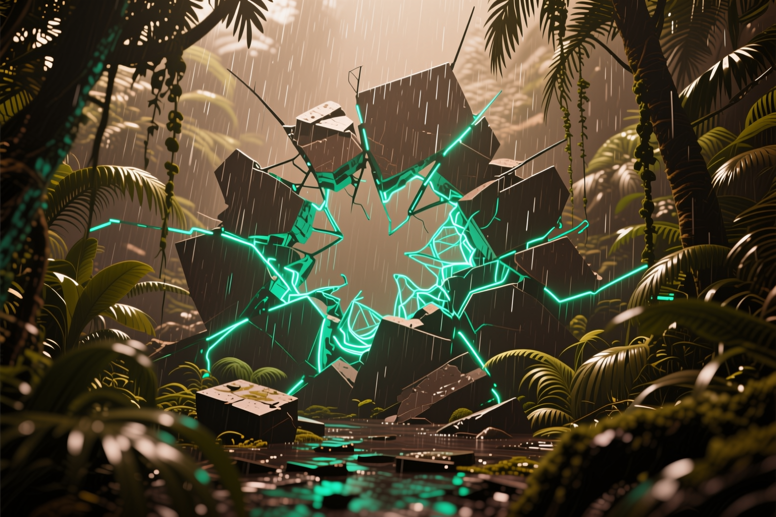 Futuristic neon portal formed by cracked rocks in a rainforest during rain.