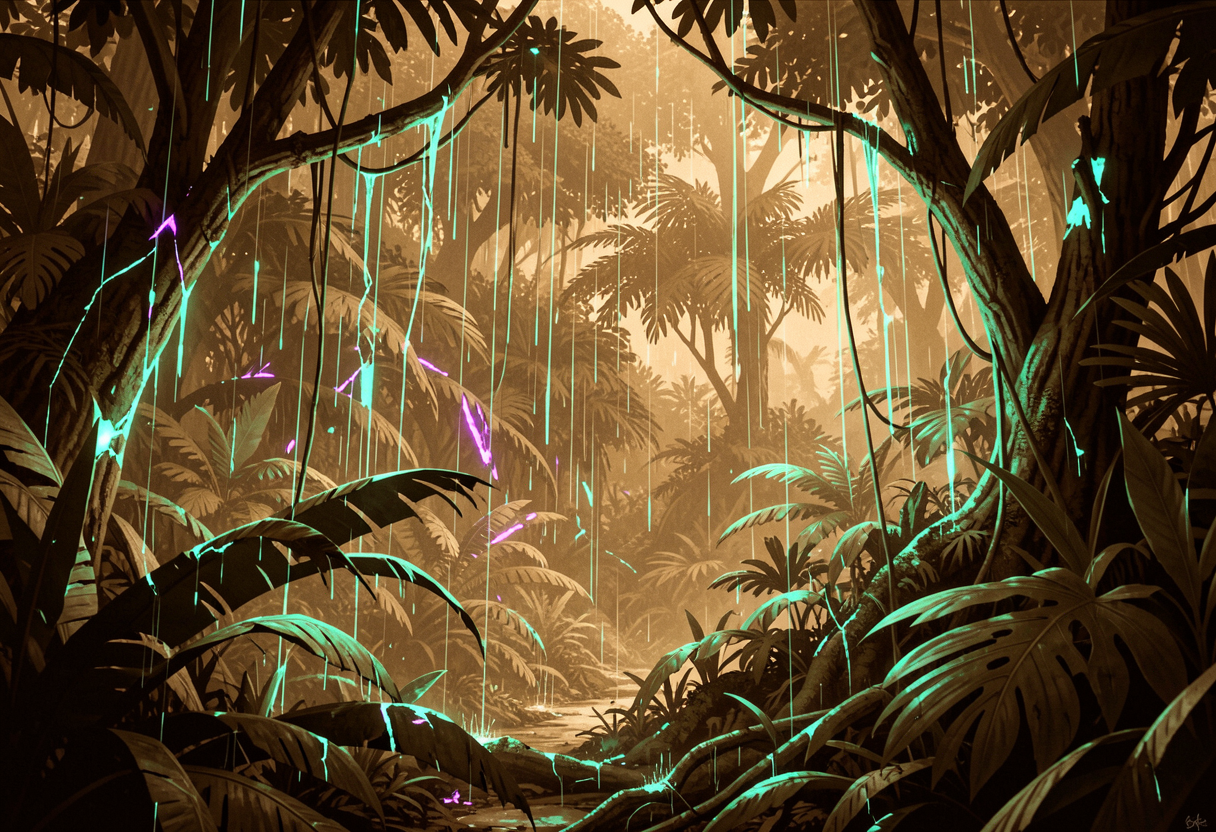 Neon-glowing jungle with bioluminescent teal vines and a misty, winding path.