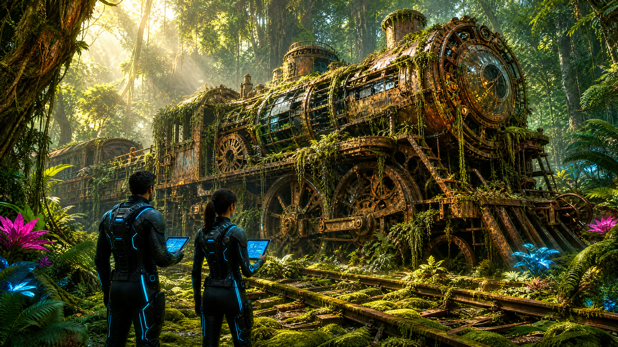 Two researchers in futuristic sci-fi suits with tablets observe an overgrown, rusted abandoned steam locomotive in a sunli...