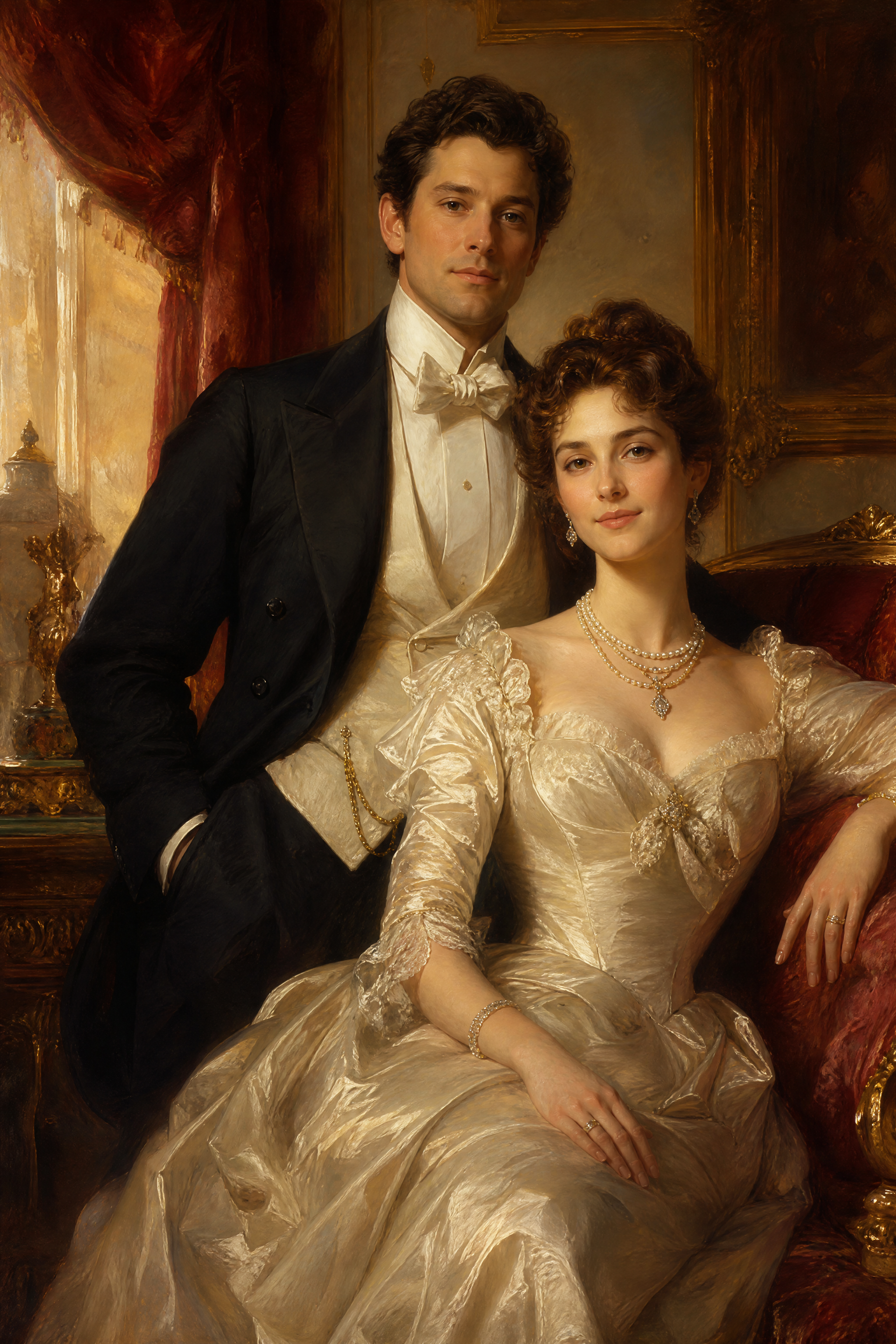 Formal classical oil portrait of an elegant Edwardian aristocratic couple posed in an ornate gilded Victorian drawing room.