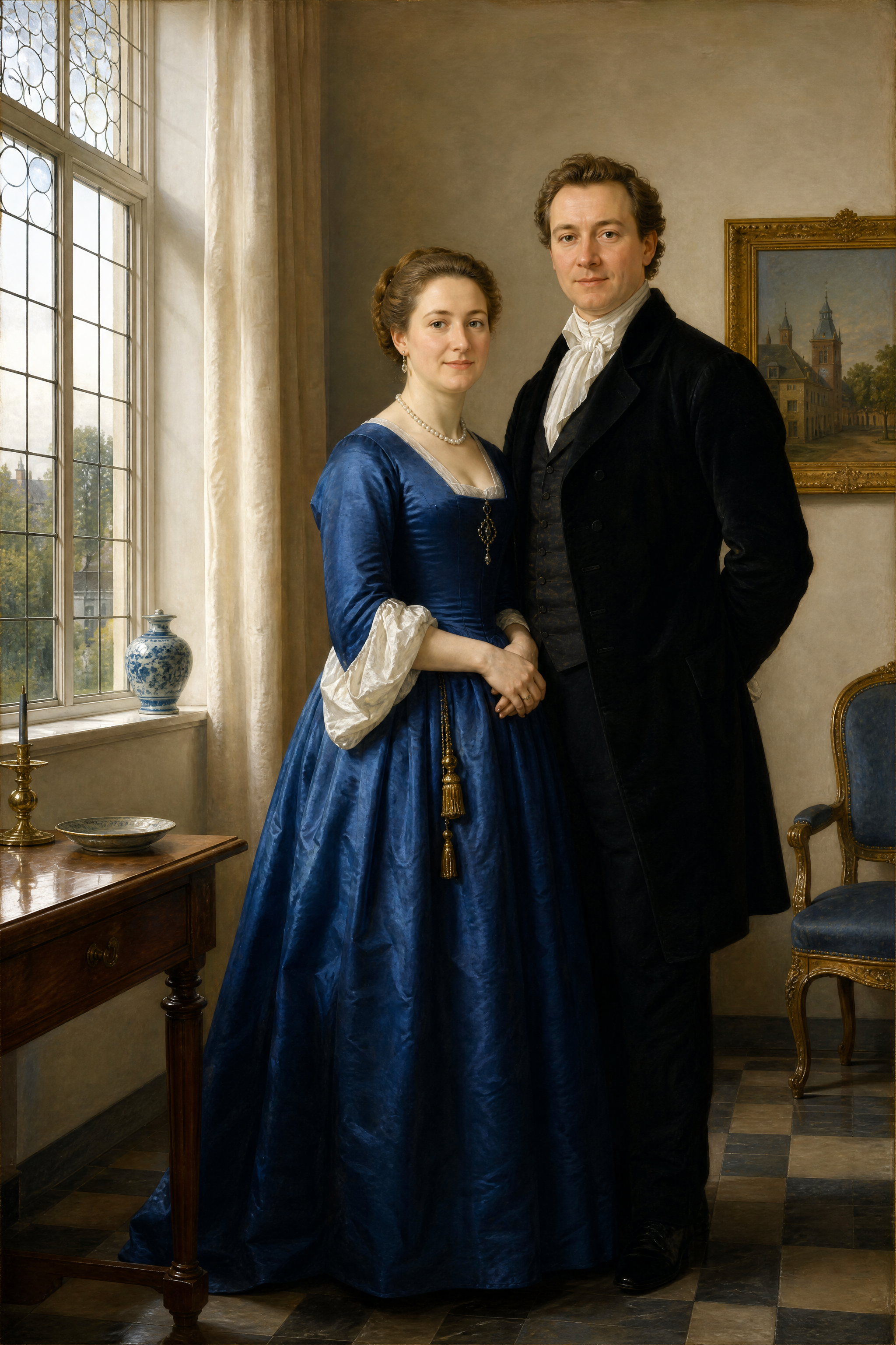 [19th century realistic oil portrait of a formally dressed upper class couple standing in an elegant sunlit domestic inter...