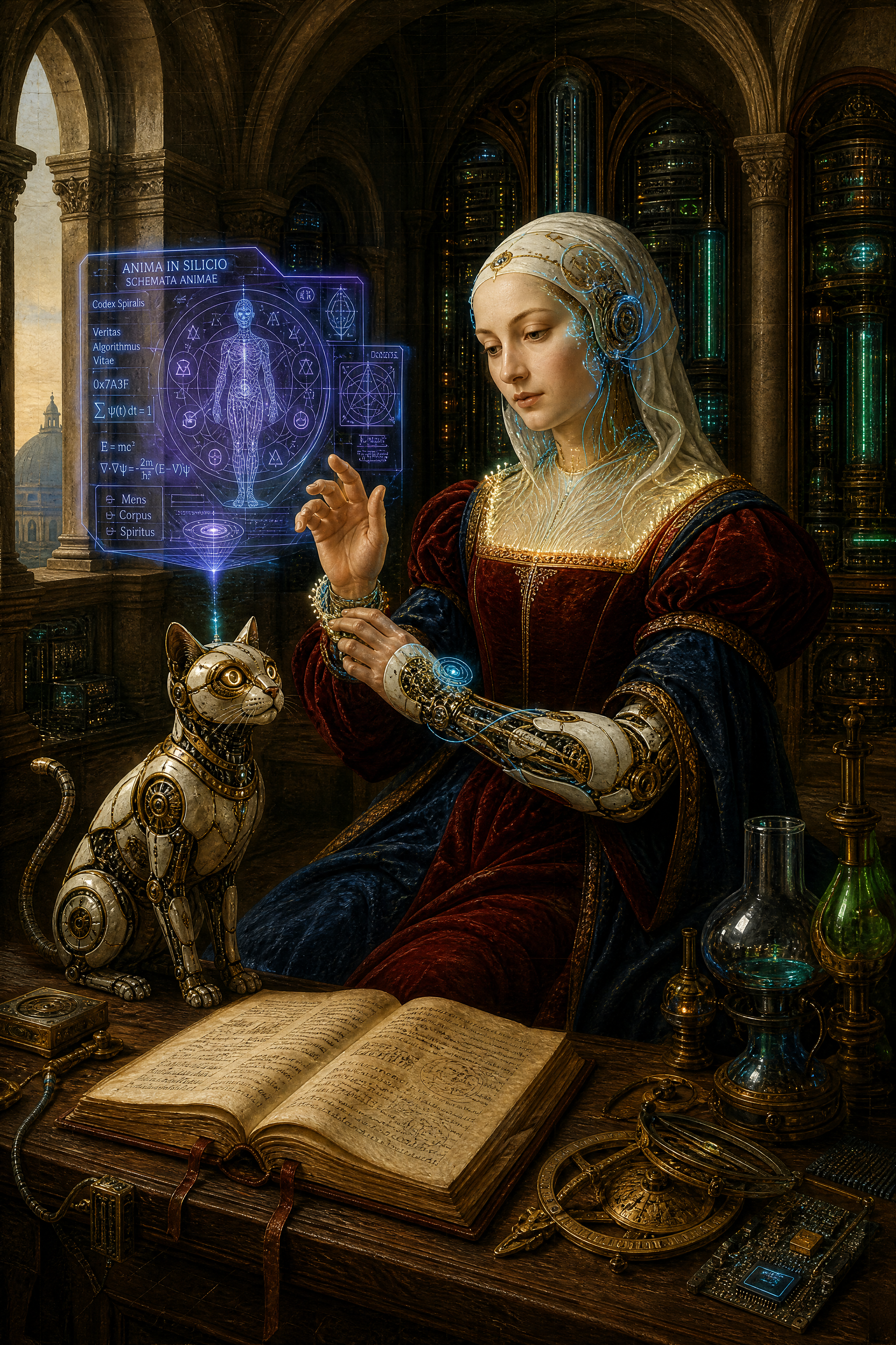 [Renaissance-era cybernetic woman interacts with a holographic interface beside a mechanical cat at a cluttered alchemist ...