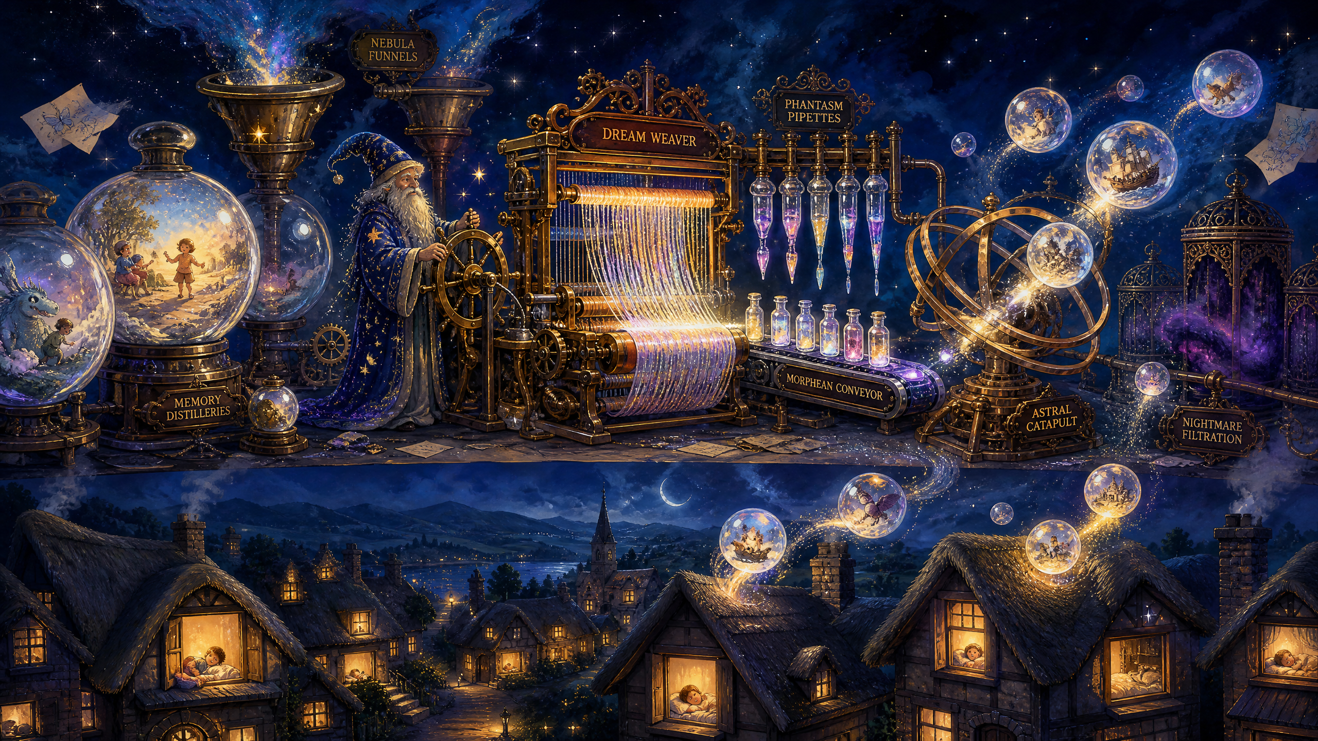 Elder star wizard runs a magical dream-weaving workshop sending glowing dream bubbles to sleeping cottages under a starry ...