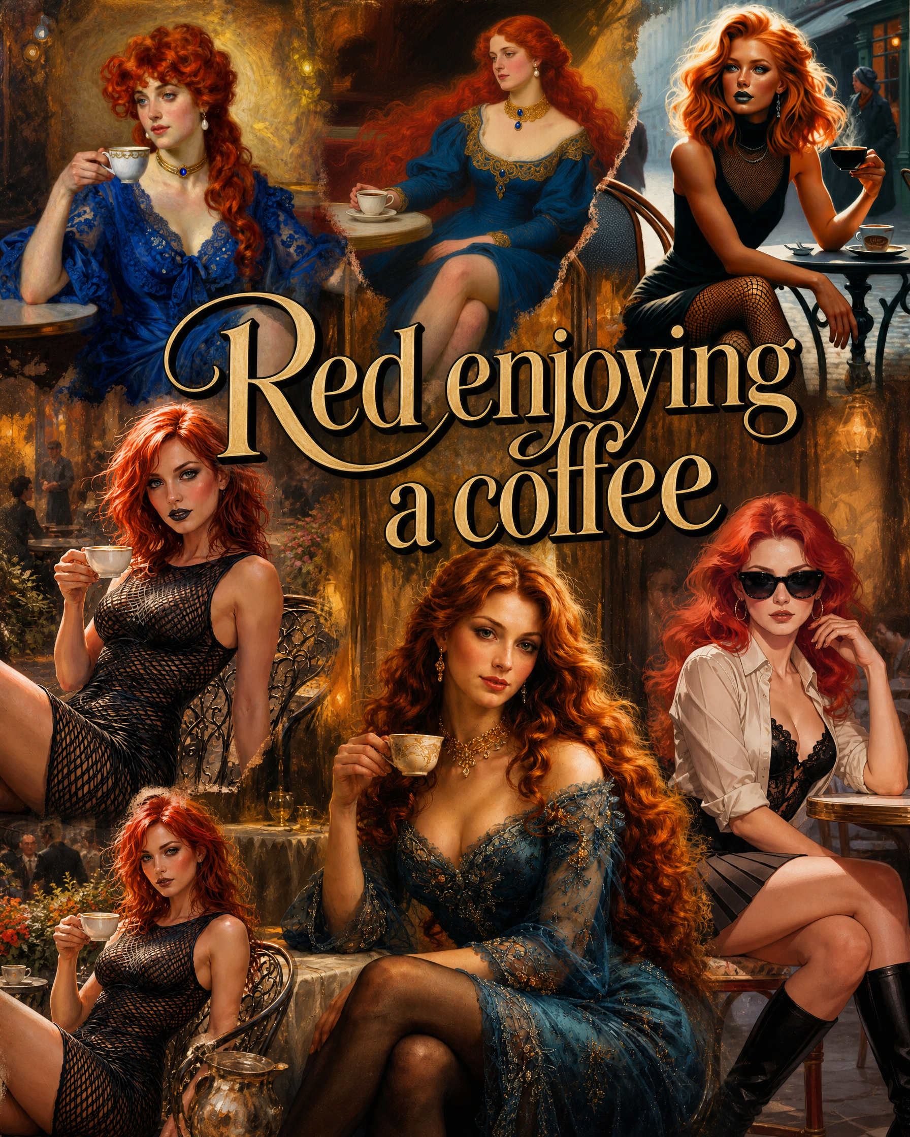 [Collage artwork of red-haired women enjoying coffee, with ornate decorative "Red enjoying a coffee" title text centered o...