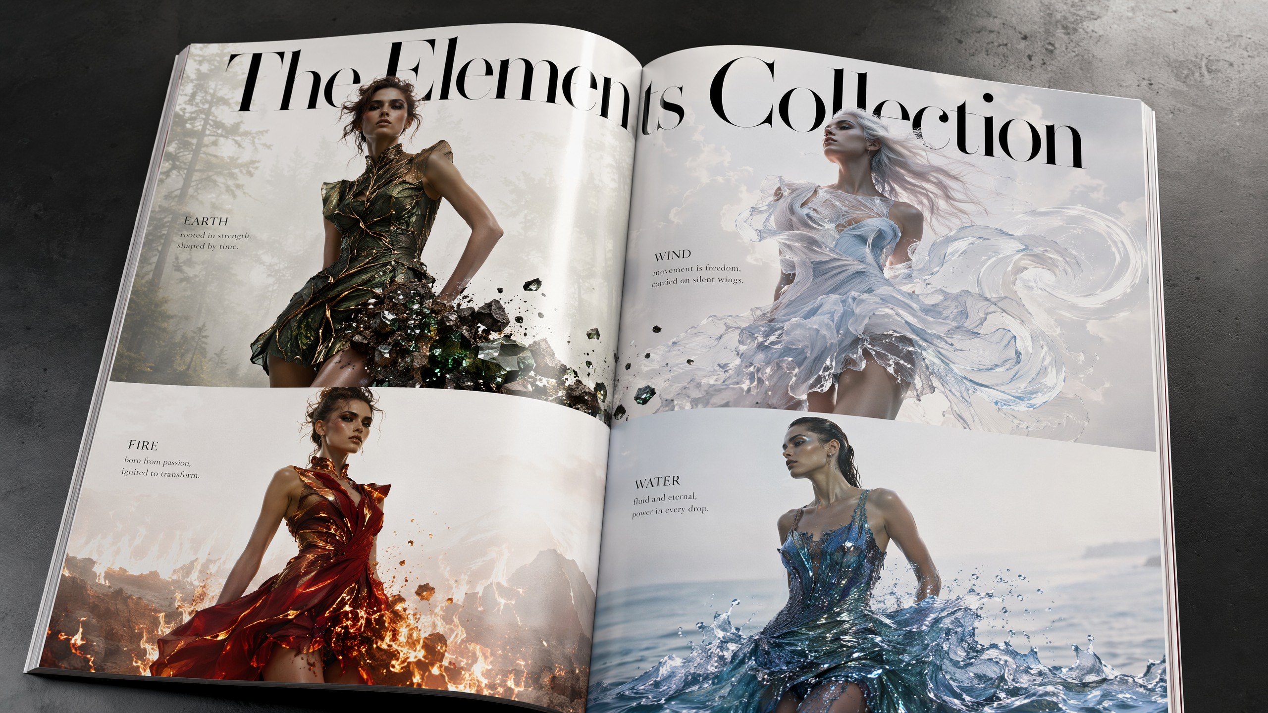 Open luxury fashion magazine spread showing The Elements Collection editorial with four elemental couture look portraits
