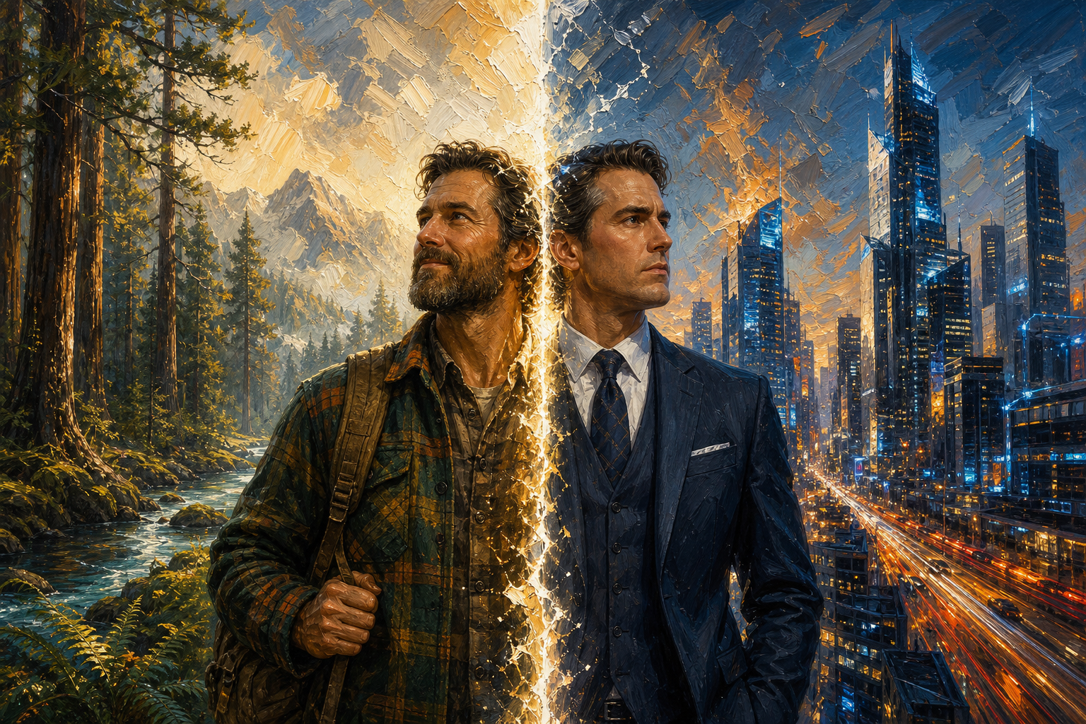 [Surreal split impasto portrait of a man divided between a wilderness hiker identity and a corporate city businessman iden...