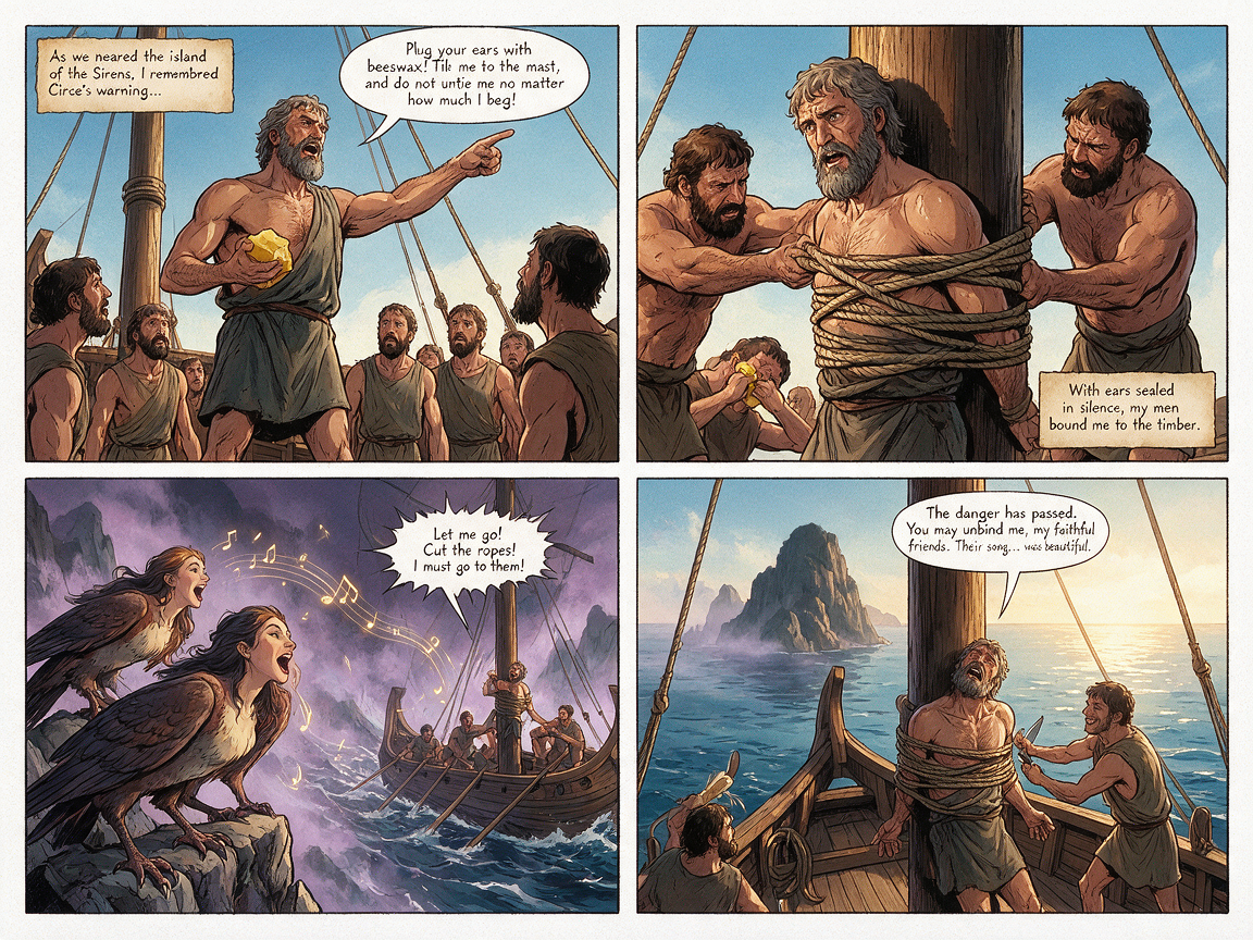 [4-panel illustrated comic retelling the Greek myth of Odysseus tied to his ship's mast to resist the Sirens' enchanting s...