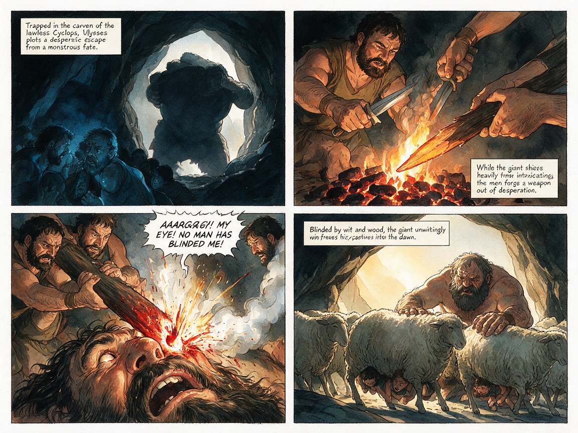 4-panel illustrated comic page showing the story of Ulysses blinding the Cyclops to escape his cave from Homer's Odyssey.