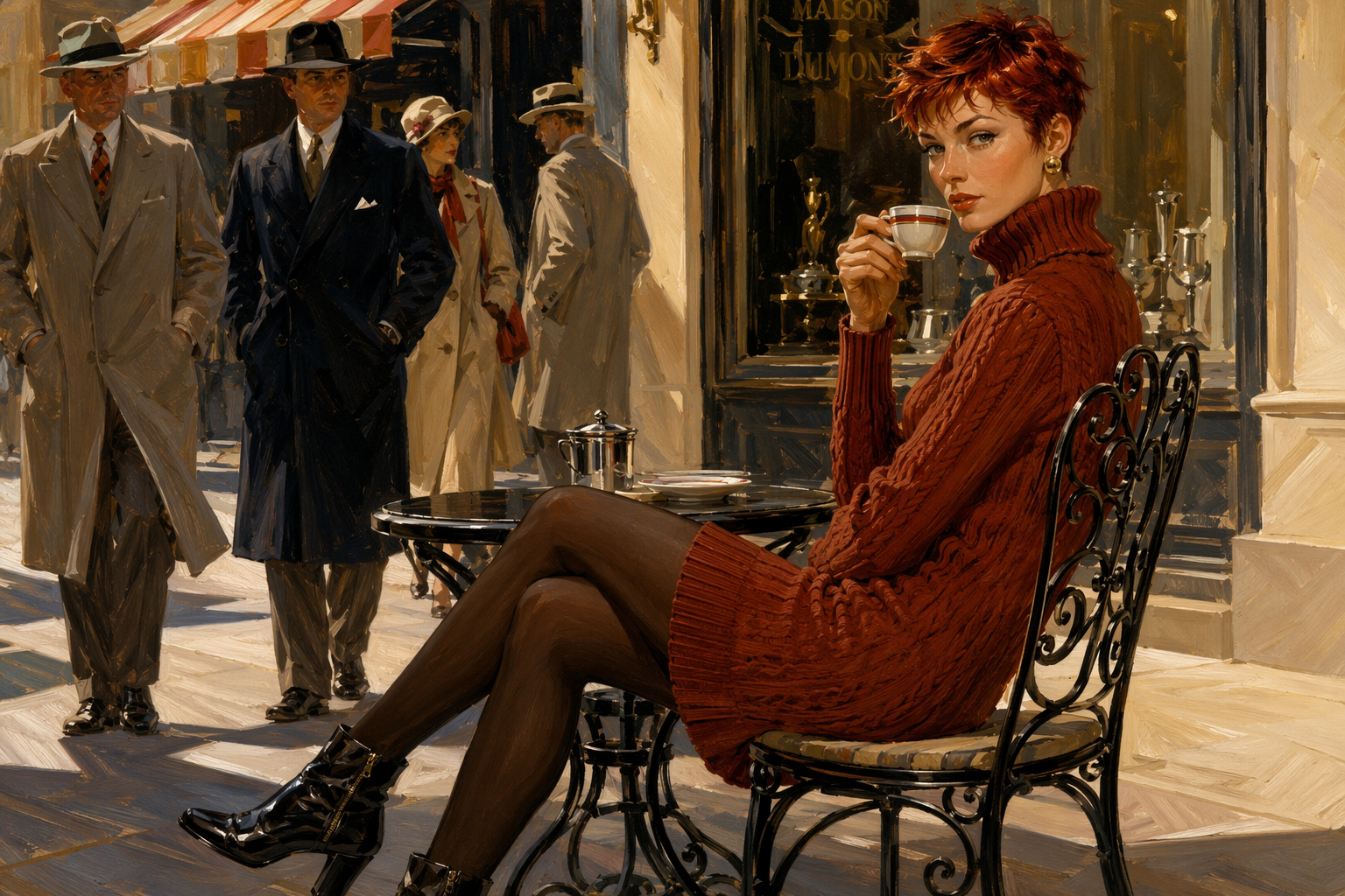 Vintage oil painting of chic red-haired woman sipping coffee at a sunlit Parisian sidewalk cafe, 1950s pedestrians in back...