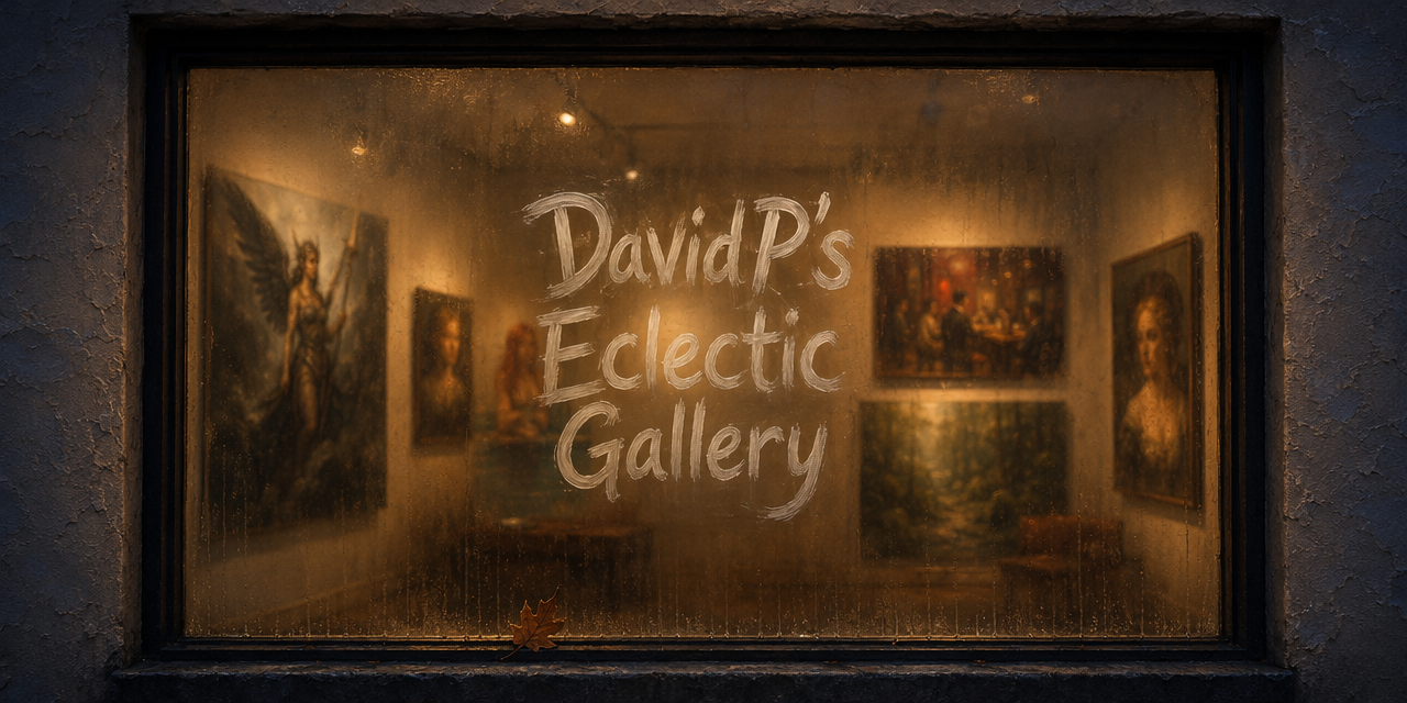 Rain-streaked fogged art gallery window with handwritten "David P's Eclectic Gallery" text over warm lit interior of frame...
