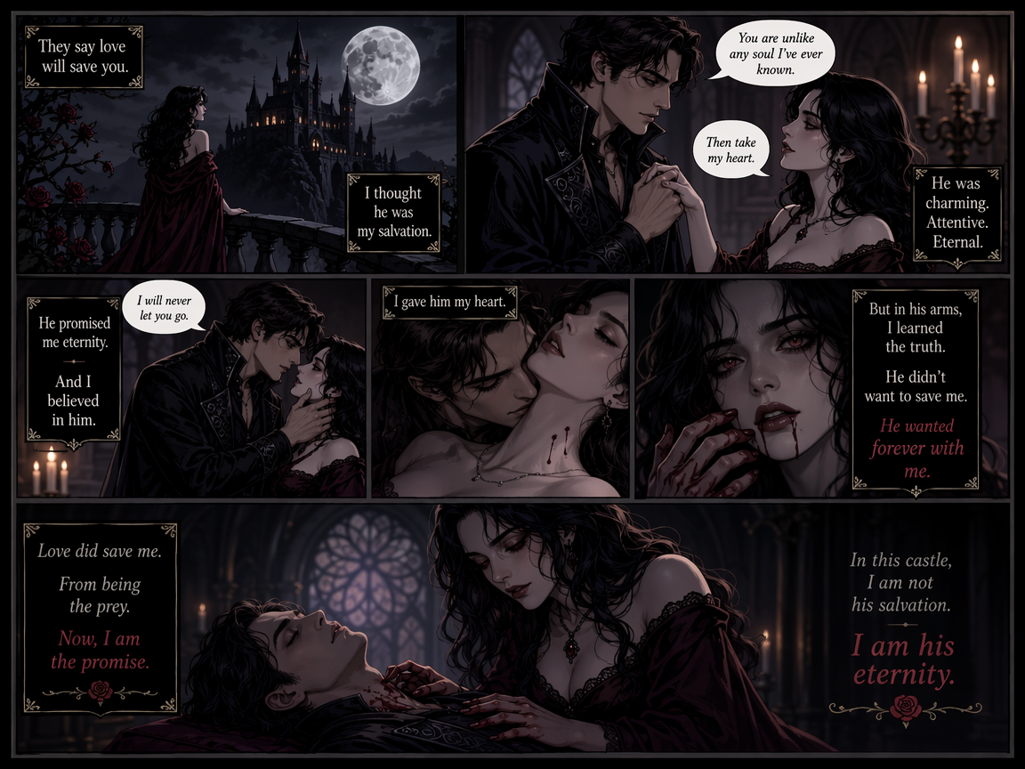 Six panel gothic vampire romance comic telling a twisted love story between a brooding vampire and dark lady at a moonlit ...