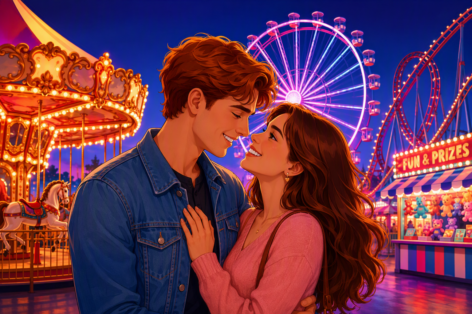 Romantic young couple sharing a tender gaze at a glowing night carnival, with lit amusement rides in the background.