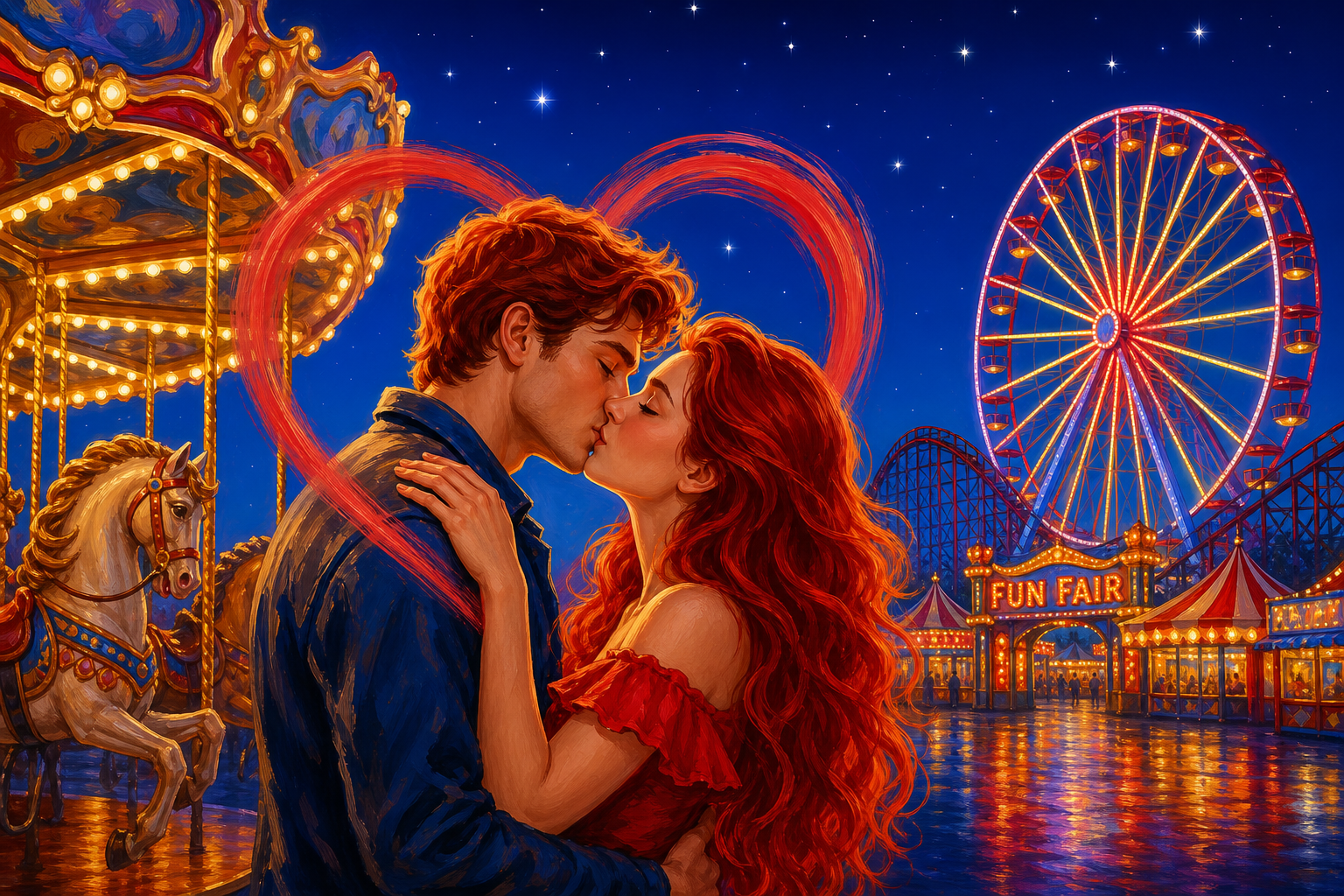 Romantic couple kissing under glowing red heart at starry night fun fair, beside ornate carousel and lit Ferris wheel.