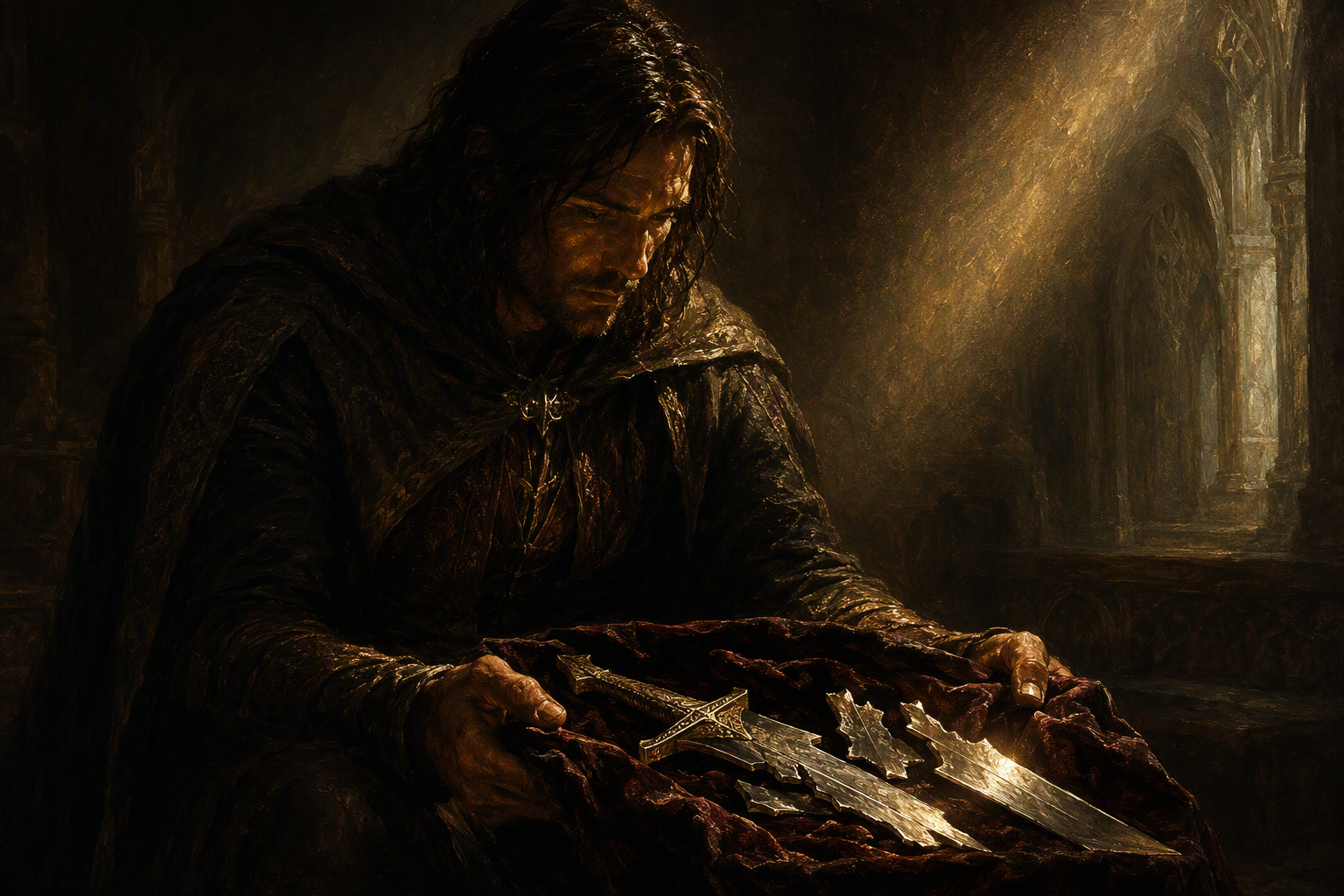Solemn medieval knight gazes at a broken sacred sword held on velvet, lit by golden sunbeams in a gothic cathedral.