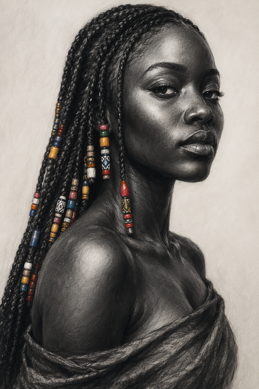 [Hyperreal charcoal portrait of an elegant Black woman with colorful beaded box braids, set against a soft neutral light b...