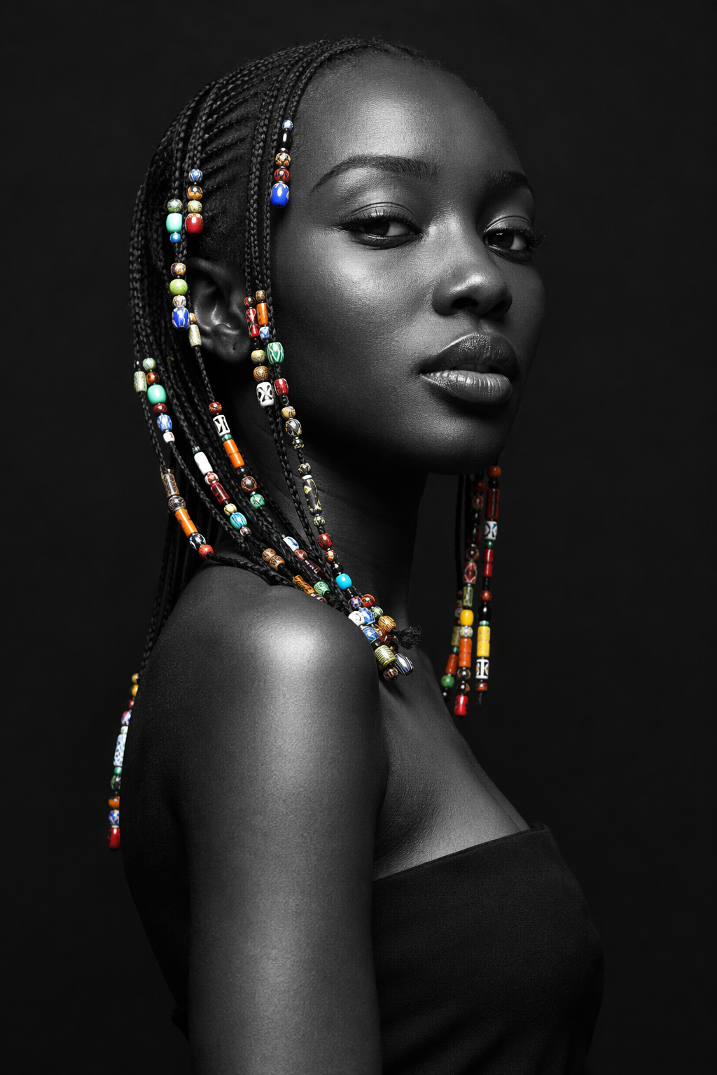 [Studio portrait of poised Black woman with beaded cornrow braids, only colorful hair beads highlighted via selective colo...