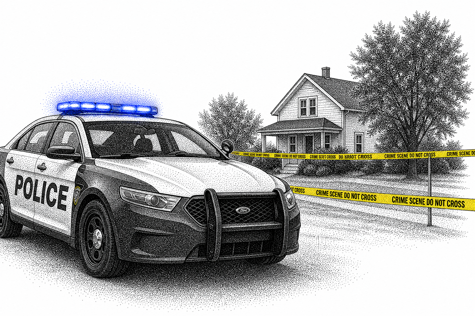 [Stippled illustration of a marked police sedan with lit blue lights parked next to crime scene tape outside a suburban ho...