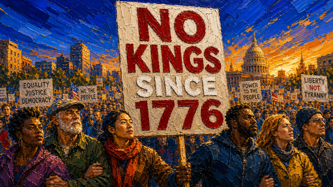 Impasto oil painting of diverse protest crowd holding a large "NO KINGS SINCE 1776" sign near the US Capitol at sunset.