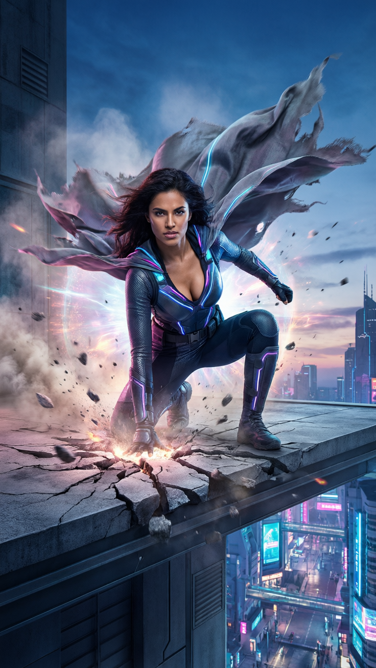 [Powerful female superhero crouched landing on a cracked skyscraper roof, glowing futuristic suit, billowing tattered cape...