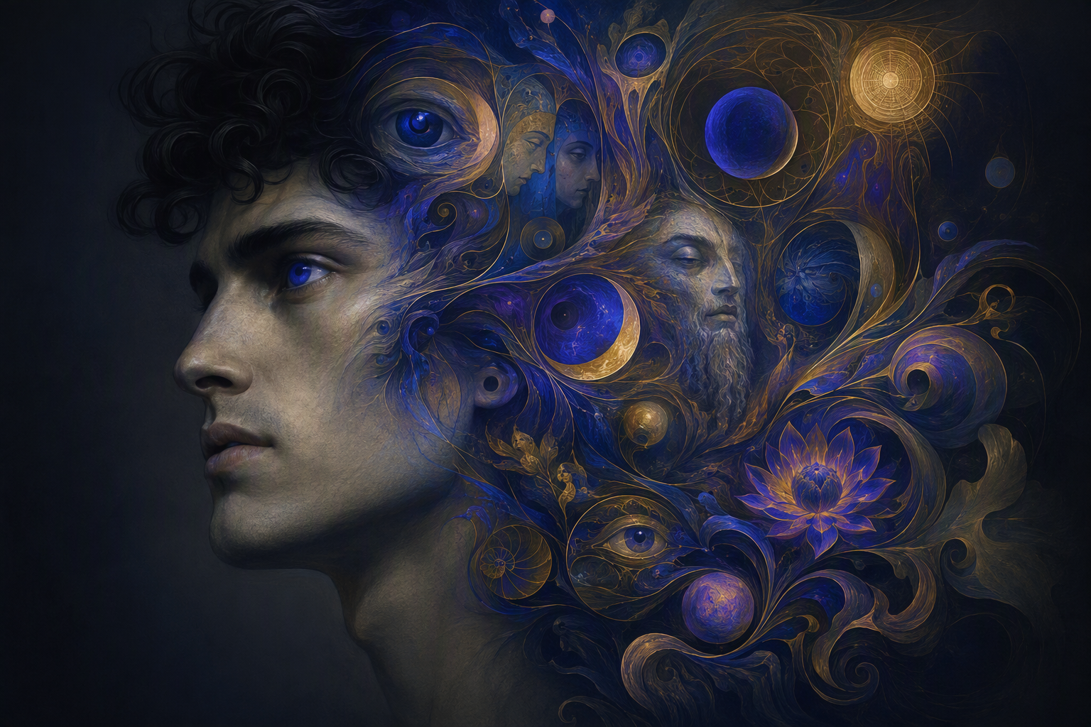 Surreal portrait of a man, with swirling blue and gold cosmic visionary imagery emanating from his head