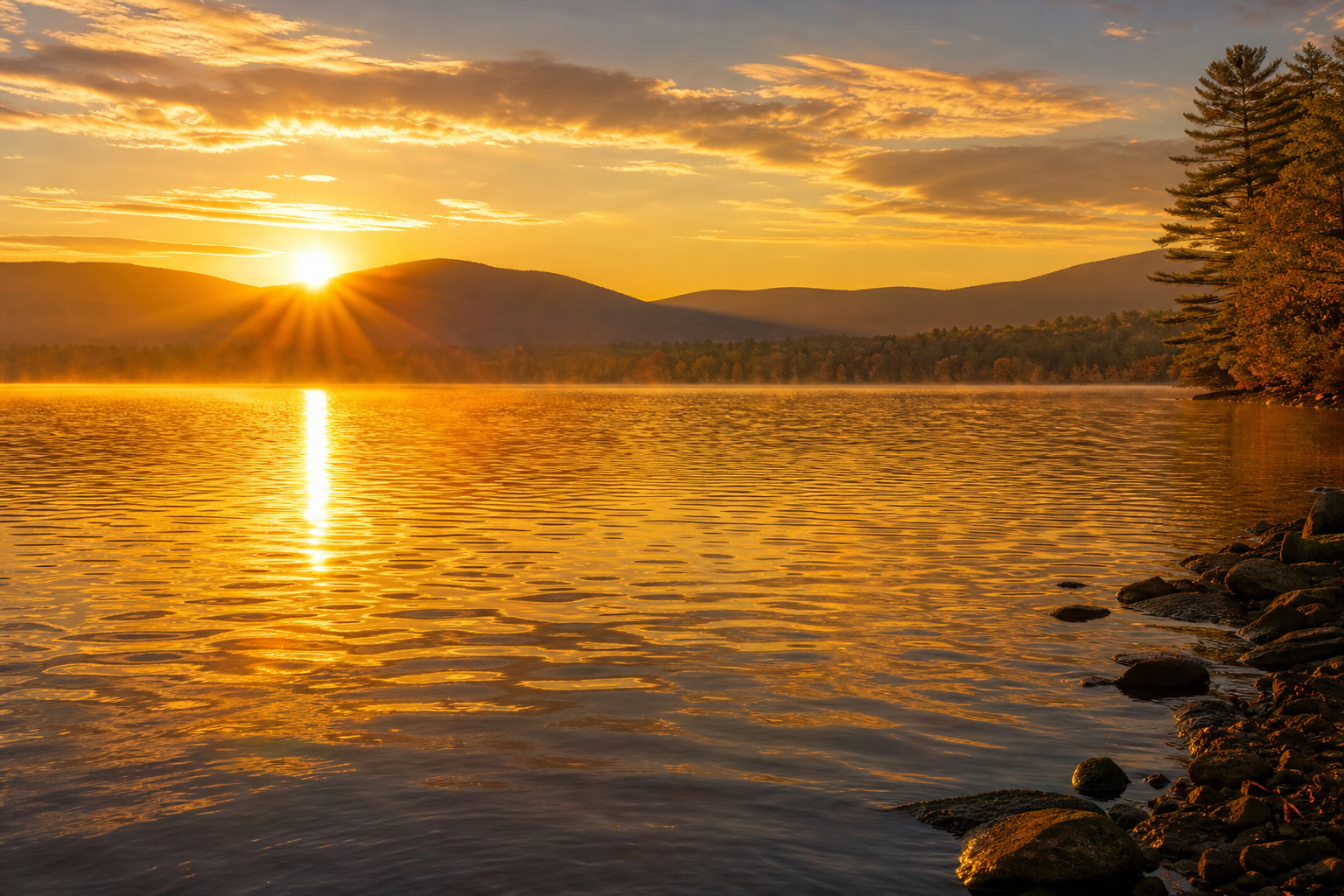 Golden sunrise over mountain lake, sun rays reflect on rippling water, rocky pine-lined shore in foreground.