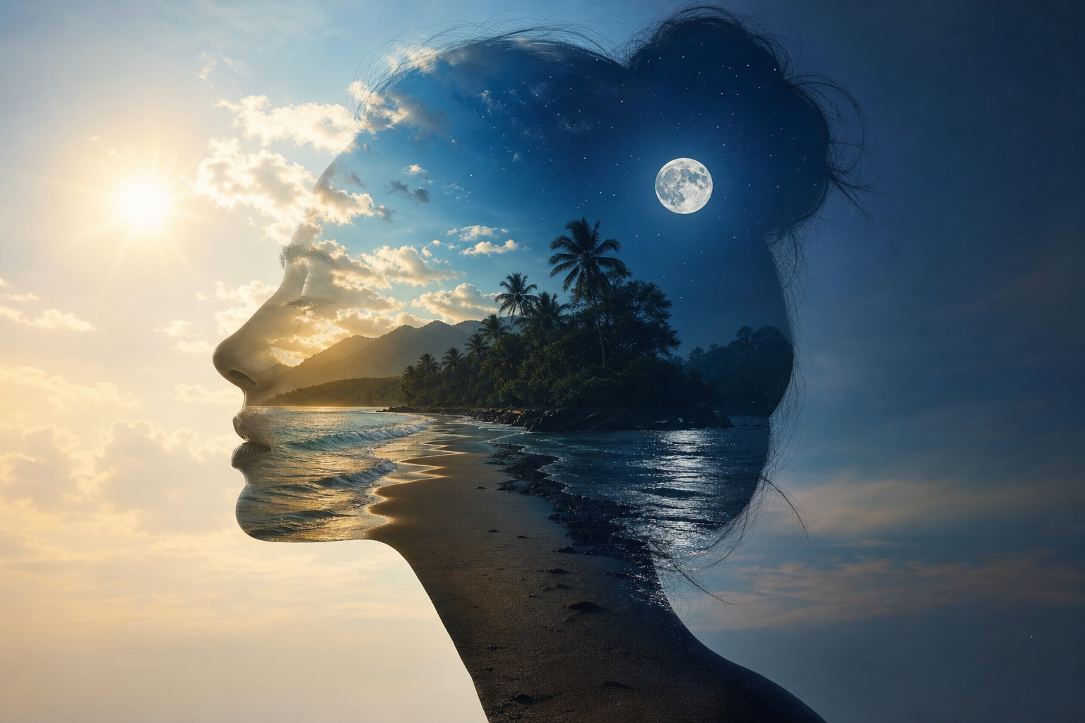 Double exposure surreal art of a woman's side profile blended with a tropical beach scene spanning sunrise to moonlit night.