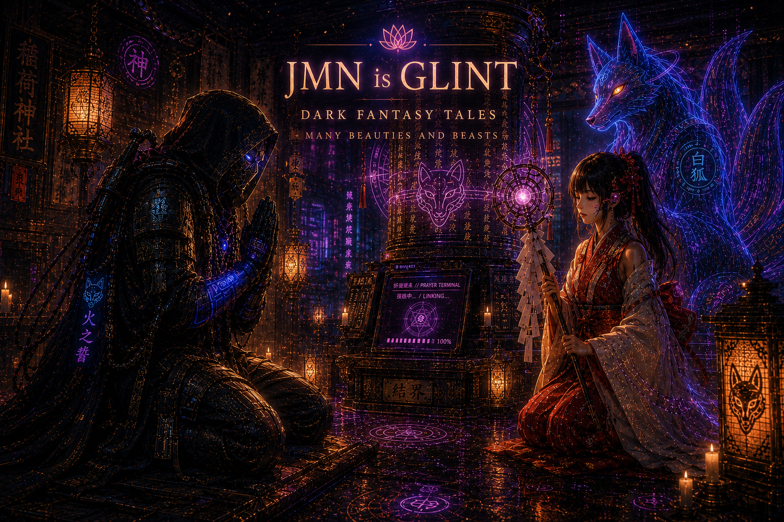 Dark fantasy cyberpunk illustration of a shrine ritual with a hooded mystic, miko priestess, and glowing kitsune spirit.