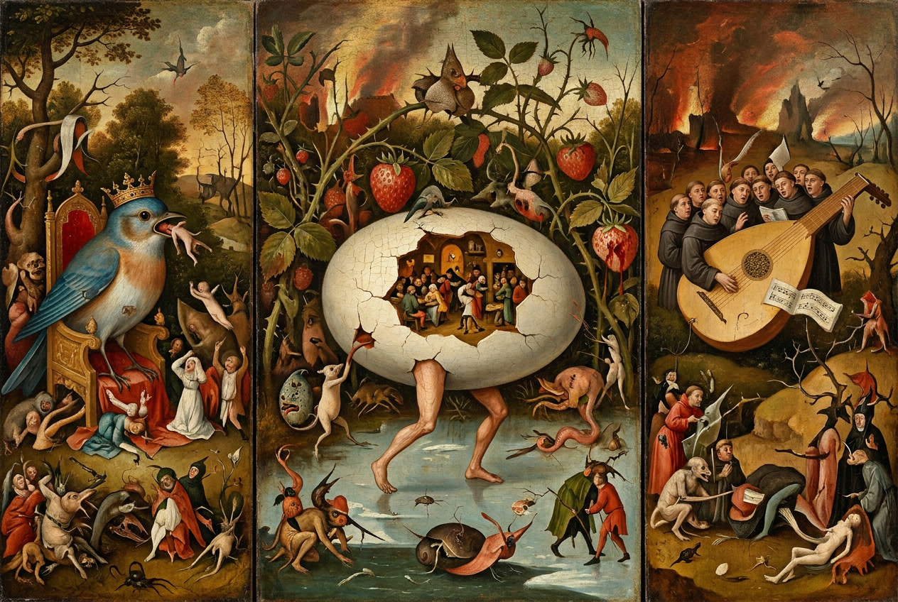 Surreal Hieronymus Bosch style triptych with a giant walking egg, crowned blue bird, and chaotic allegorical scenes
