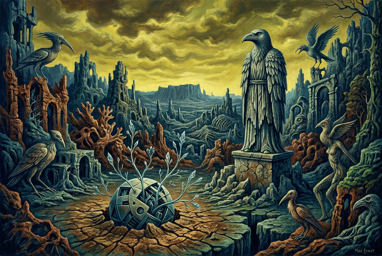 Surreal desolate wasteland landscape with stone bird statue, strange avian creatures, and a sprouting mechanical orb under