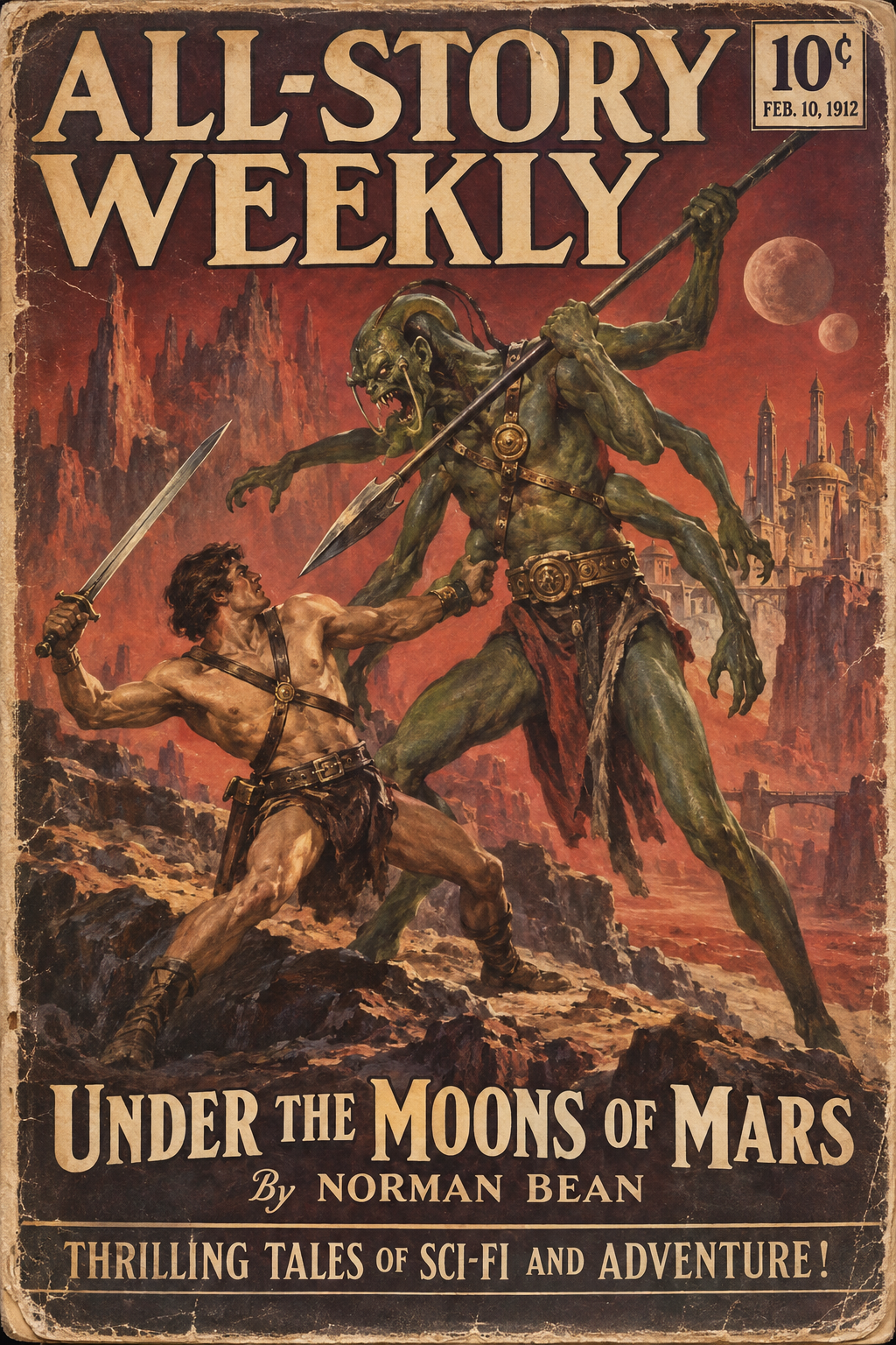 Vintage pulp magazine cover showing a human warrior fighting a four-armed green Martian alien on a red alien planet