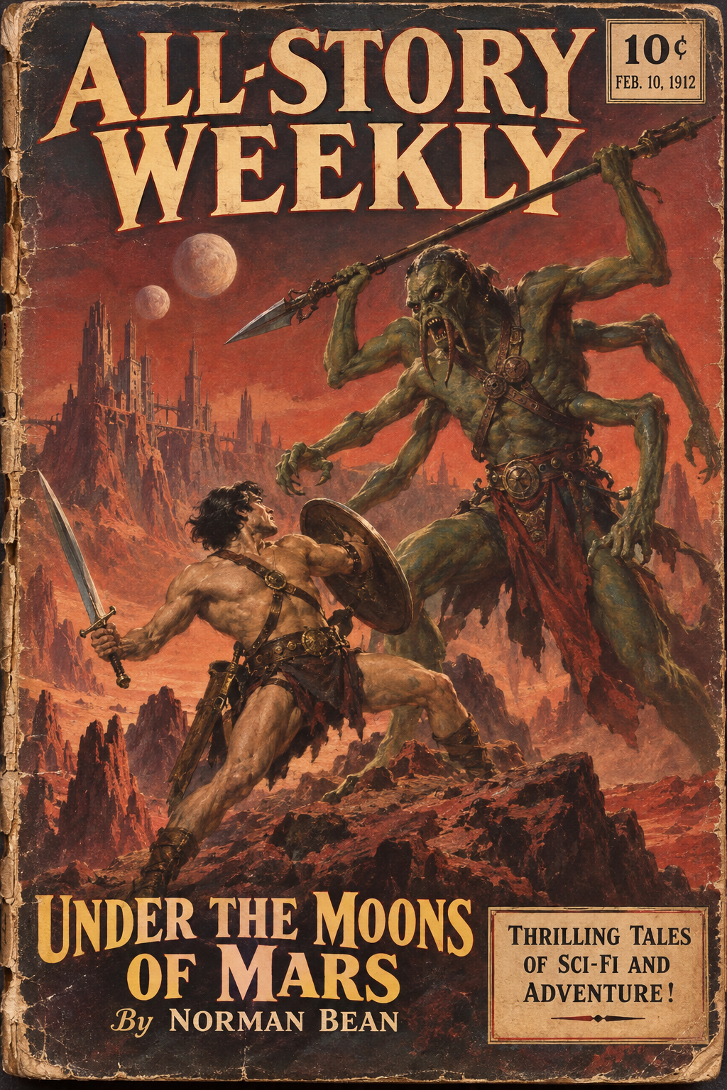 Vintage pulp magazine cover showing a warrior fighting a multi-armed alien on the red planet Mars